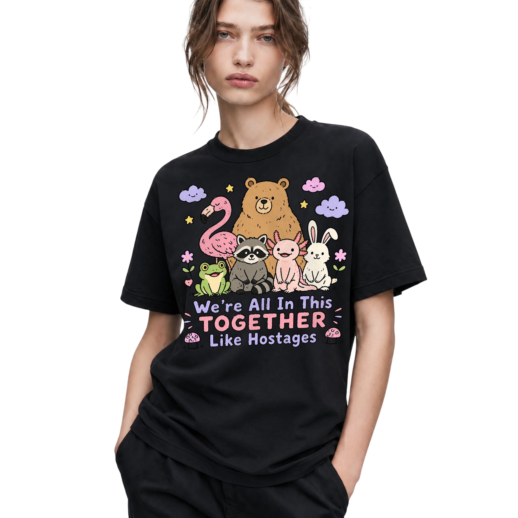 SF_COLOR=black; SF_ITEM=adult-t-shirt; SF_ROLE=gallery; Animals Together Like Hostages Bear Raccoon T-Shirt Cute Funny Group Tee - Black Adult T-Shirt product image