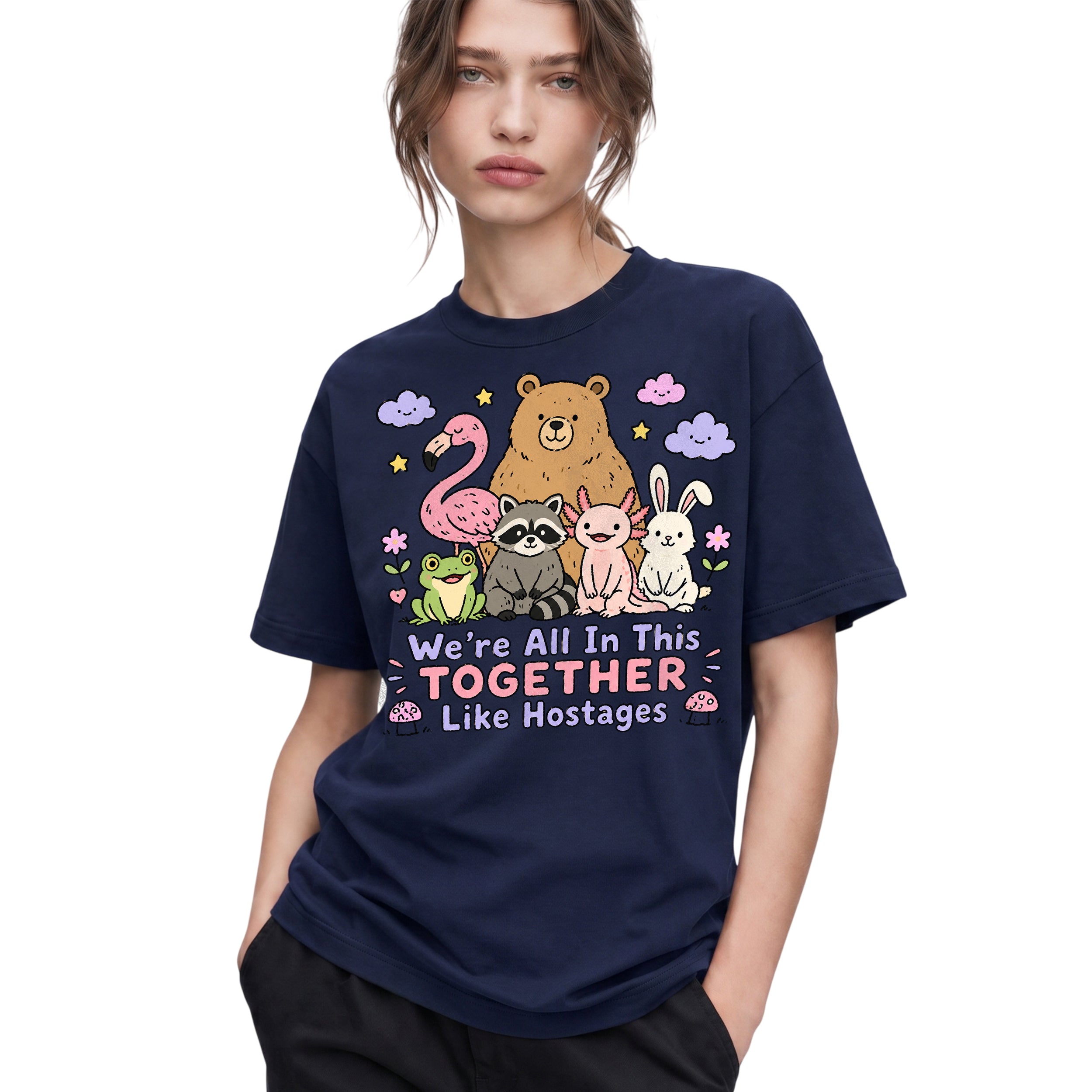 SF_COLOR=navy; SF_ITEM=adult-t-shirt; SF_ROLE=gallery; Animals Together Like Hostages Bear Raccoon T-Shirt Cute Funny Group Tee - Navy Adult T-Shirt product image