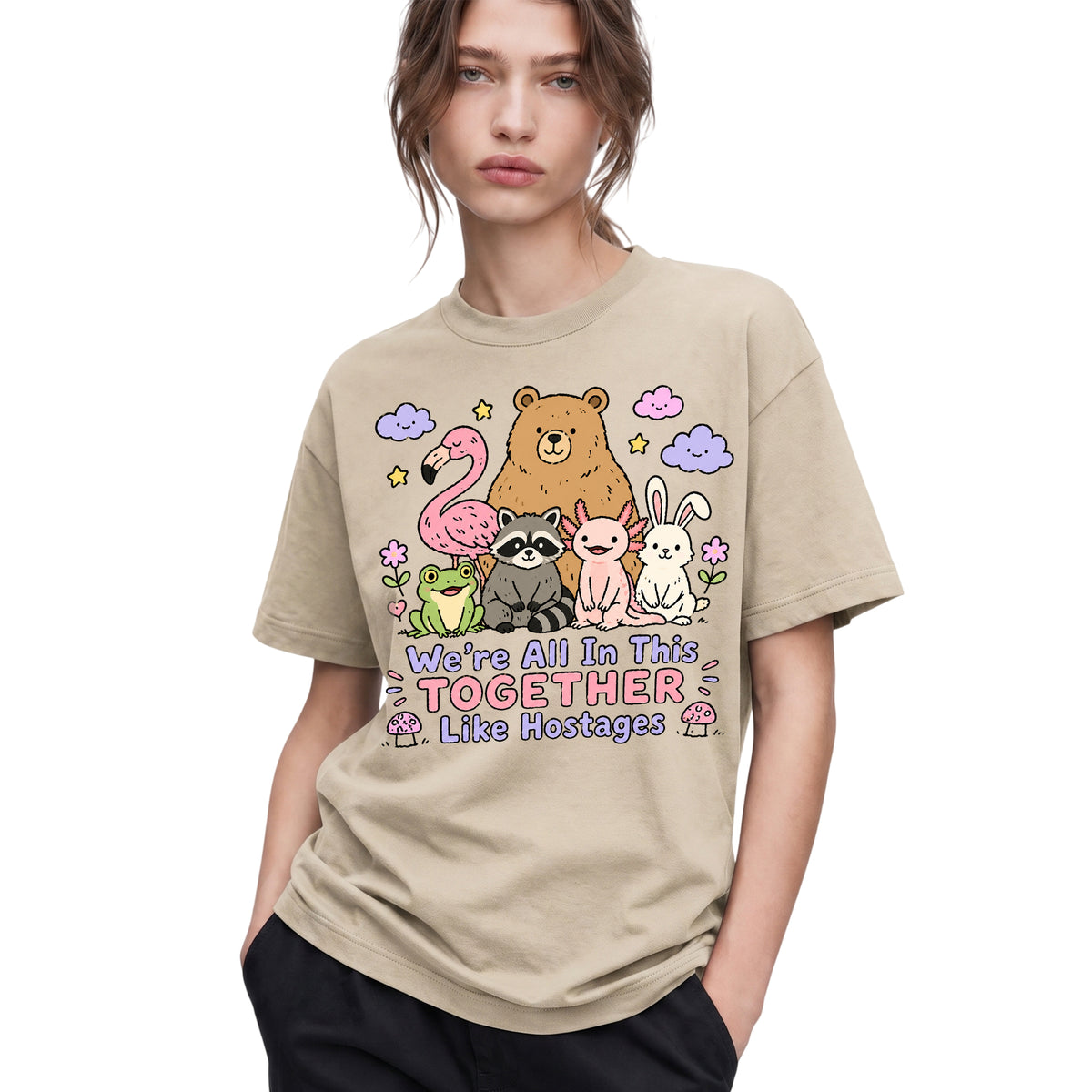 SF_COLOR=sand; SF_ITEM=adult-t-shirt; SF_ROLE=gallery; Animals Together Like Hostages Bear Raccoon T-Shirt Cute Funny Group Tee - Sand Adult T-Shirt product image