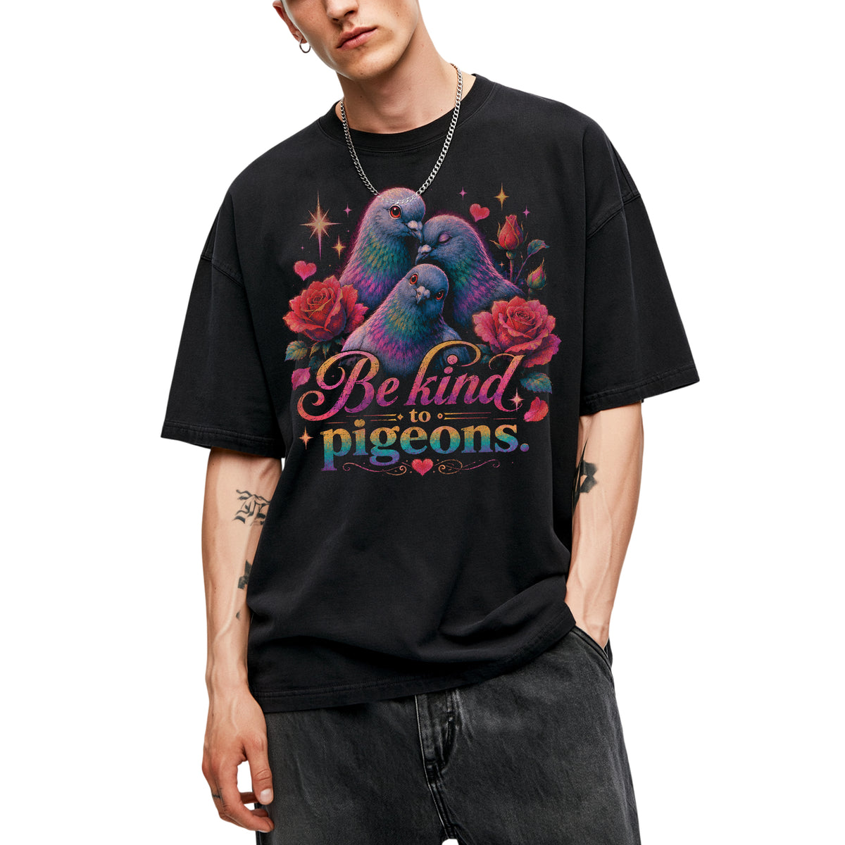 SF_COLOR=black; SF_ITEM=adult-t-shirt; SF_ROLE=main; Be Kind To Pigeons Neon Floral Rose Flower T-Shirt Vintage Birds Animal Tee - Black Adult T-Shirt product image