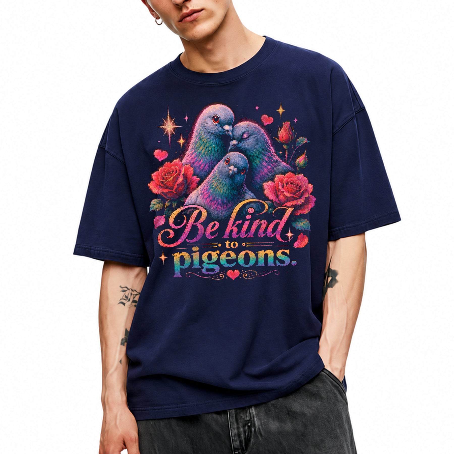 SF_COLOR=navy; SF_ITEM=adult-t-shirt; SF_ROLE=main; Be Kind To Pigeons Neon Floral Rose Flower T-Shirt Vintage Birds Animal Tee - Navy Adult T-Shirt product image