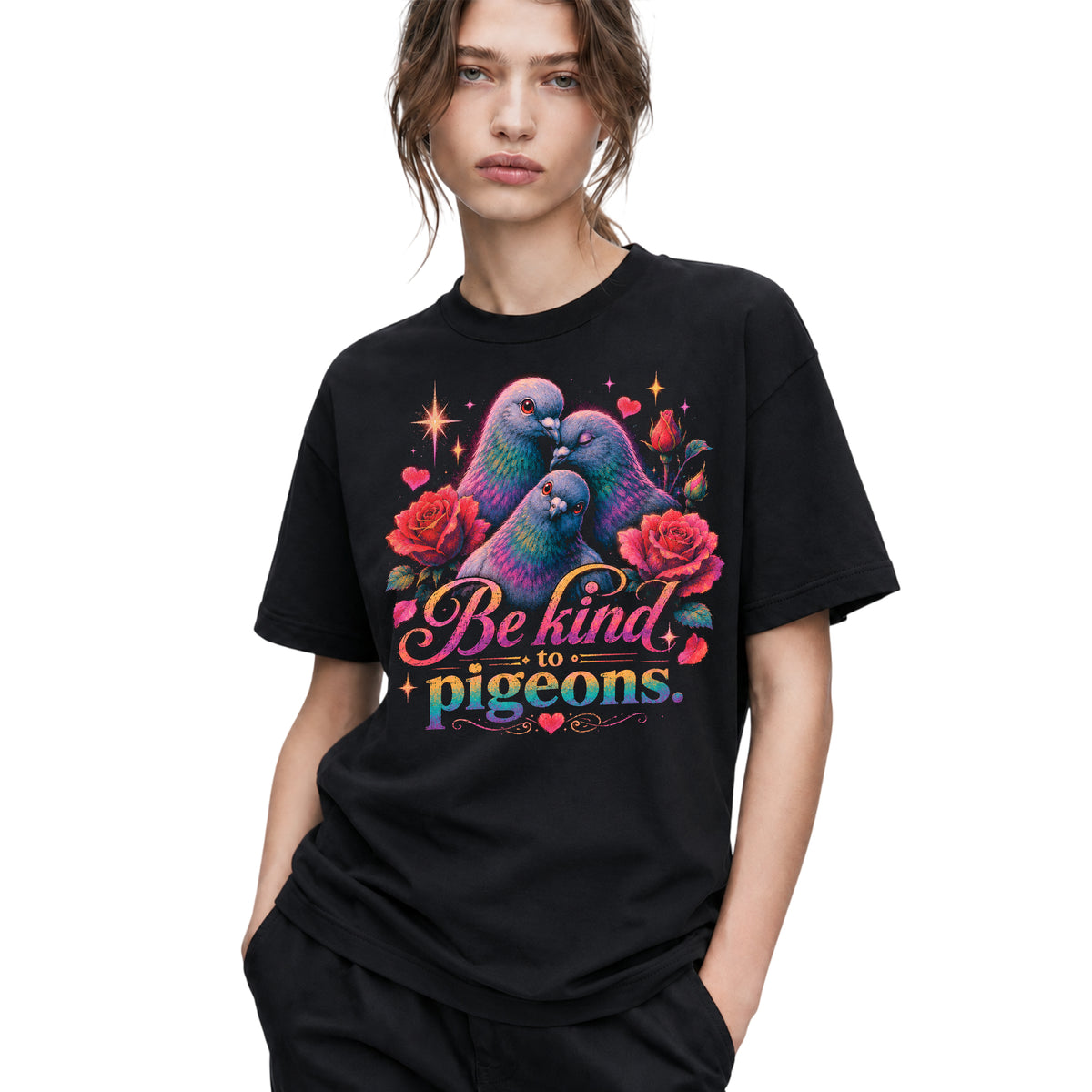 SF_COLOR=black; SF_ITEM=adult-t-shirt; SF_ROLE=gallery; Be Kind To Pigeons Neon Floral Rose Flower T-Shirt Vintage Birds Animal Tee - Black Adult T-Shirt product image