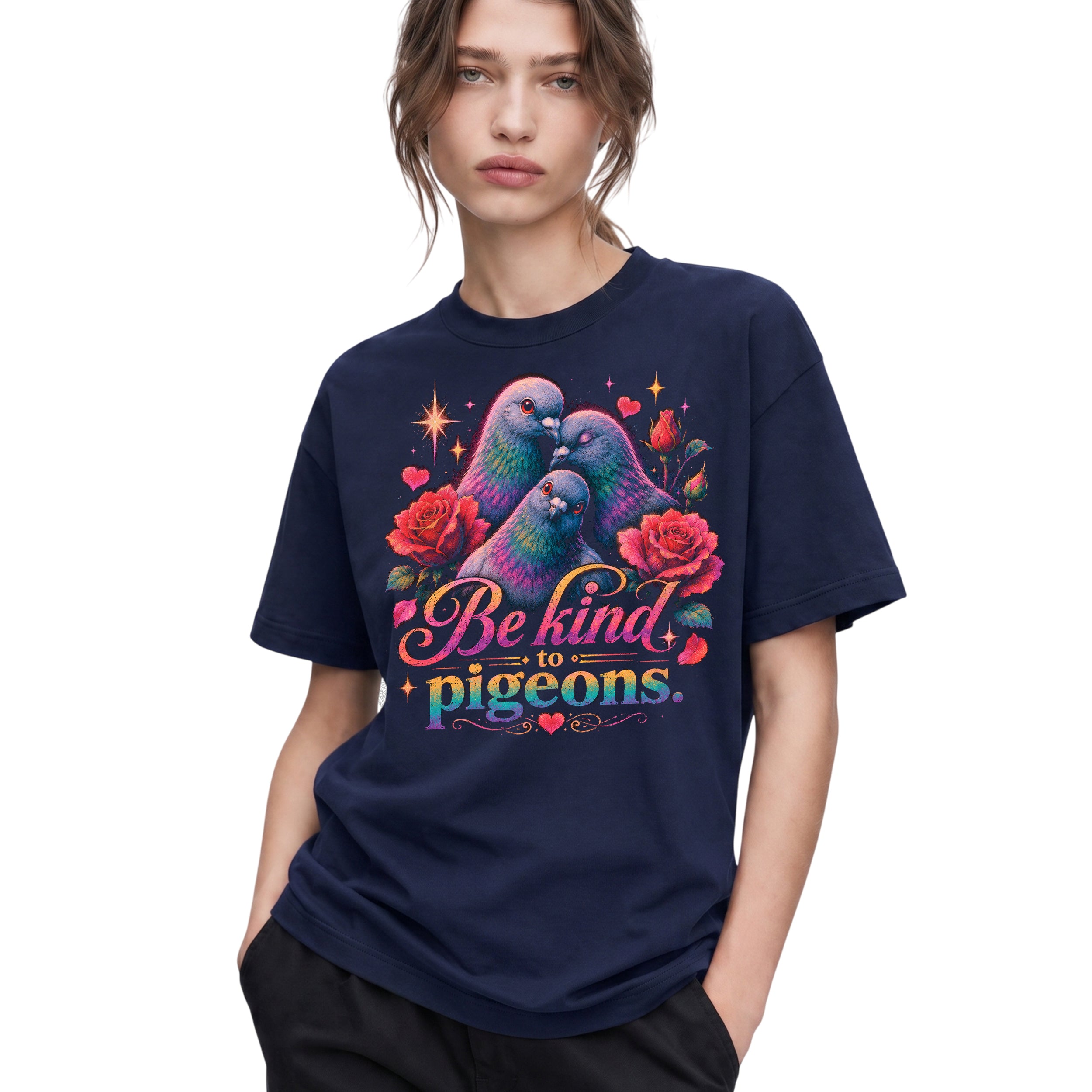 SF_COLOR=navy; SF_ITEM=adult-t-shirt; SF_ROLE=gallery; Be Kind To Pigeons Neon Floral Rose Flower T-Shirt Vintage Birds Animal Tee - Navy Adult T-Shirt product image