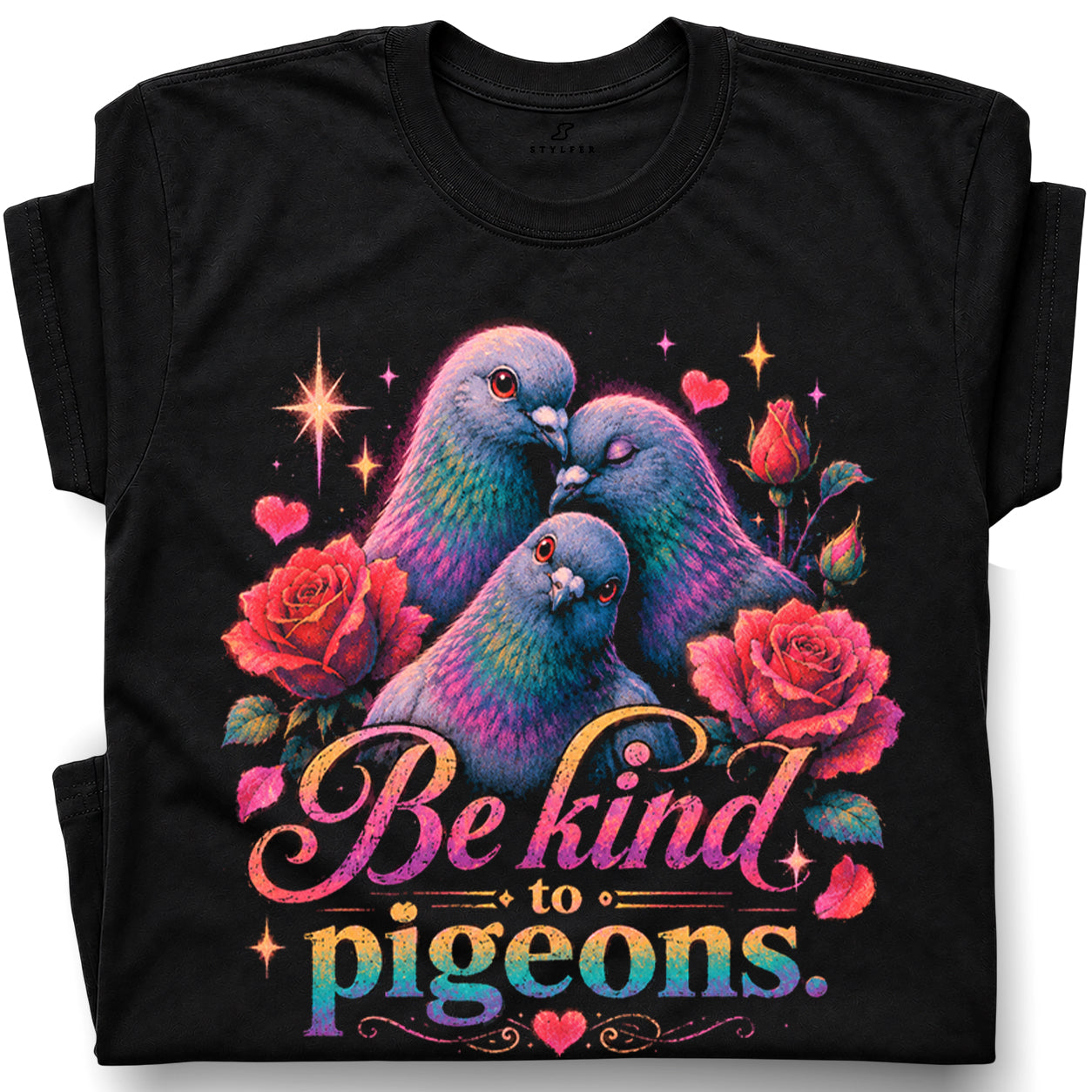 SF_COLOR=black; SF_ITEM=adult-t-shirt; SF_ROLE=gallery; Be Kind To Pigeons Neon Floral Rose Flower T-Shirt Vintage Birds Animal Tee - Black Adult T-Shirt product image
