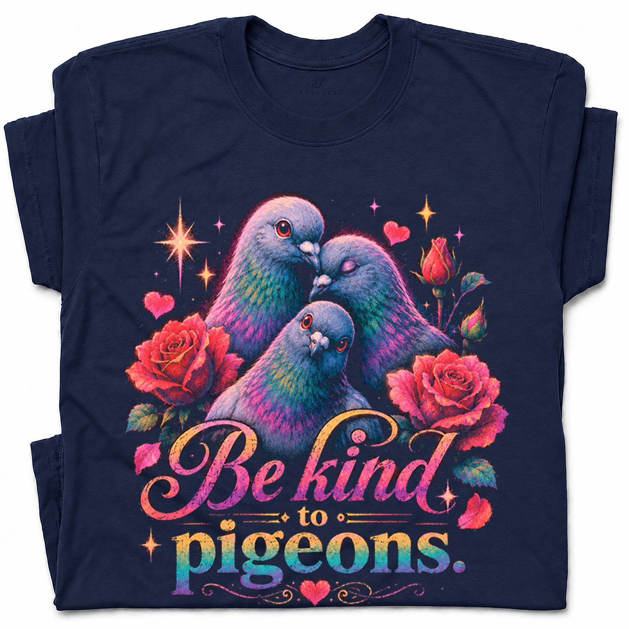 SF_COLOR=navy; SF_ITEM=adult-t-shirt; SF_ROLE=gallery; Be Kind To Pigeons Neon Floral Rose Flower T-Shirt Vintage Birds Animal Tee - Navy Adult T-Shirt product image