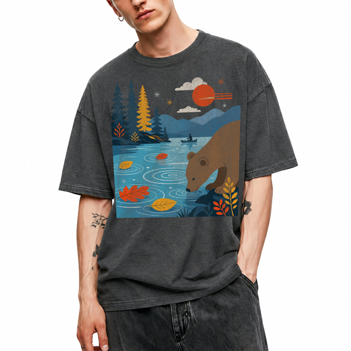 SF_COLOR=dark-heather; SF_ITEM=adult-t-shirt; SF_ROLE=main; Bear Drinking Lake Canoe T-Shirt Funny Wilderness Animal Tee - Dark Heather Adult T-Shirt product image