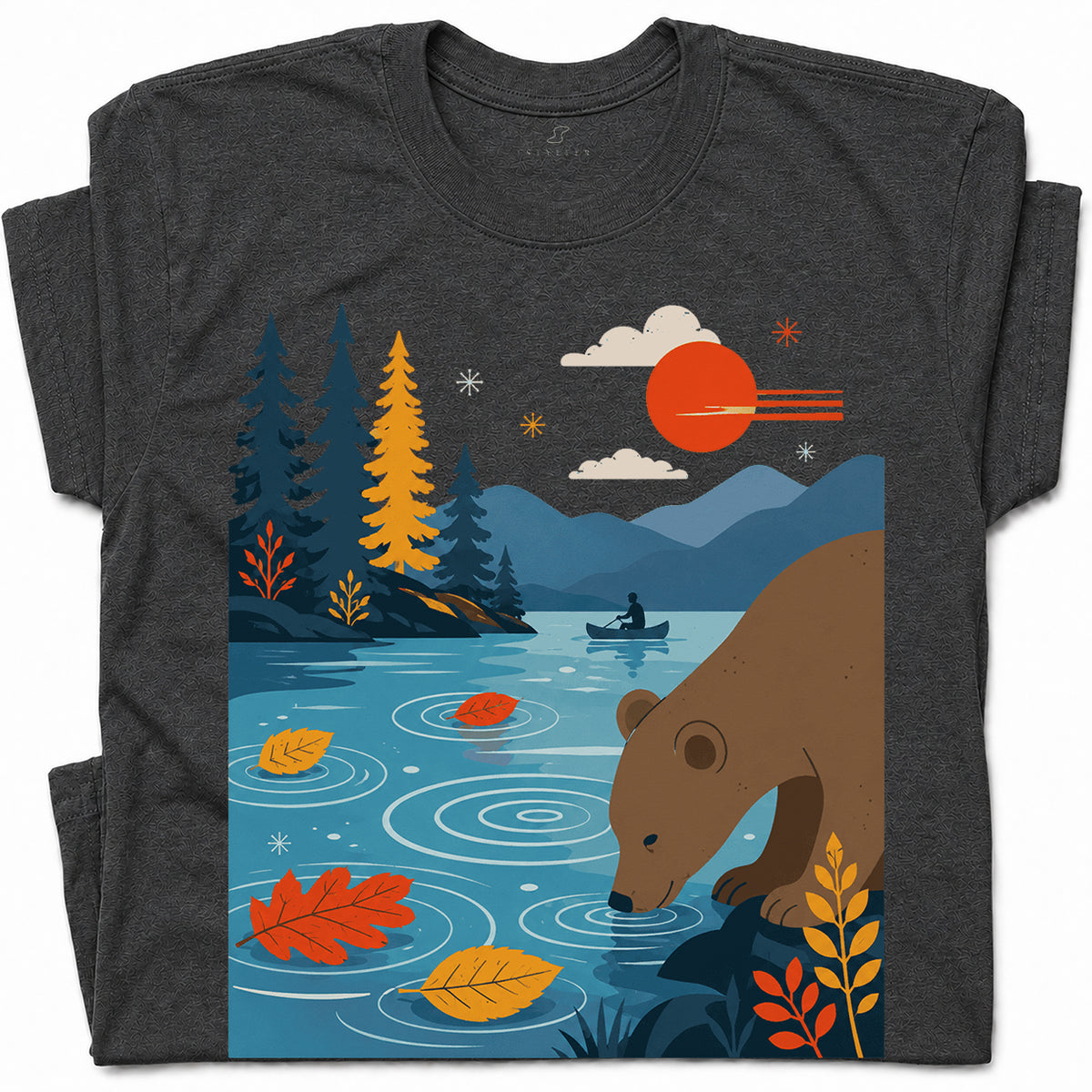 SF_COLOR=dark-heather; SF_ITEM=adult-t-shirt; SF_ROLE=gallery; Bear Drinking Lake Canoe T-Shirt Funny Wilderness Animal Tee - Dark Heather Adult T-Shirt product image