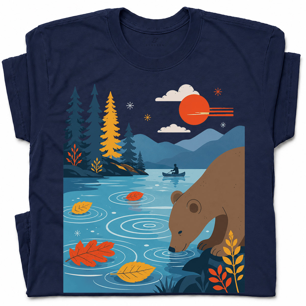SF_COLOR=navy; SF_ITEM=adult-t-shirt; SF_ROLE=gallery; Bear Drinking Lake Canoe T-Shirt Funny Wilderness Animal Tee - Navy Adult T-Shirt product image