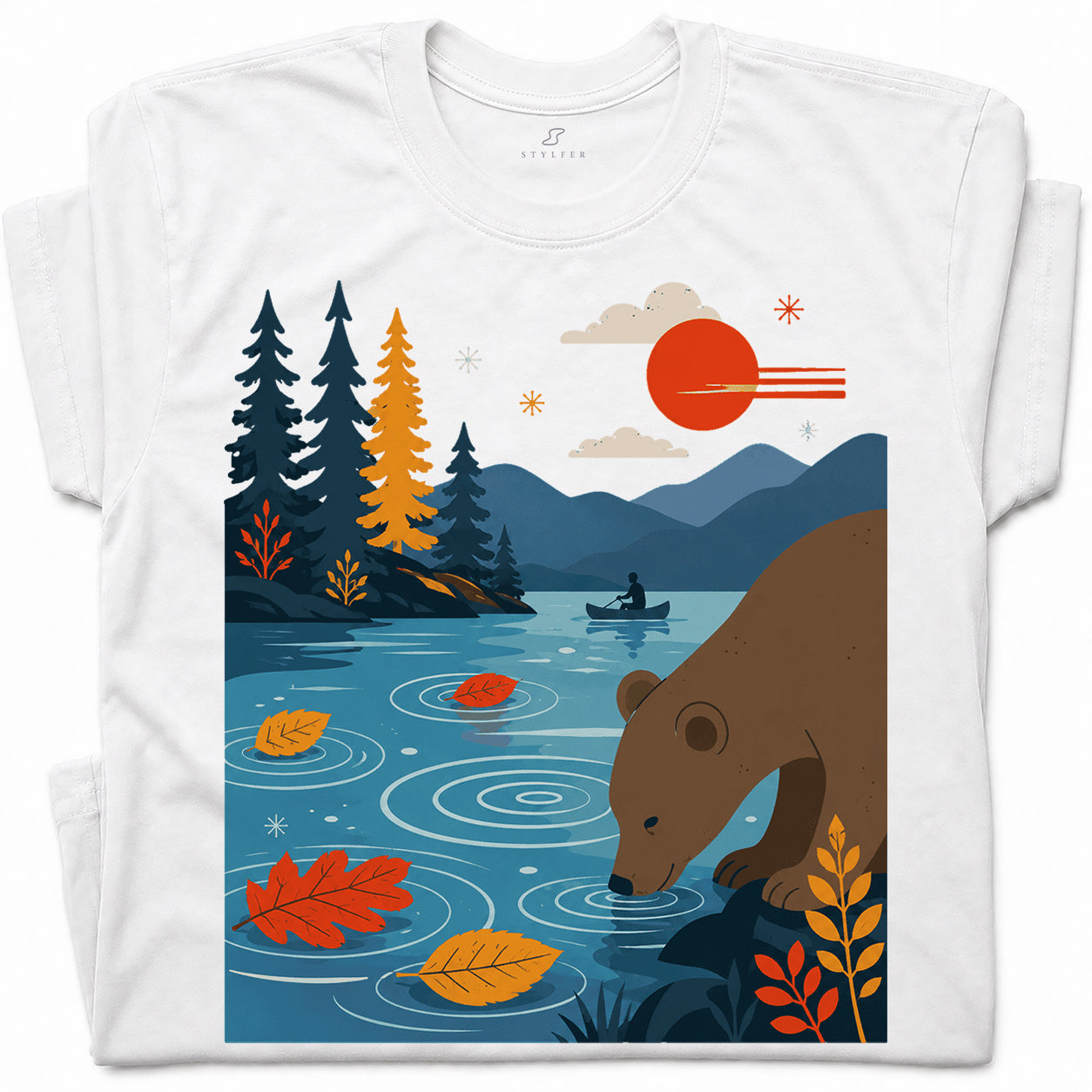 SF_COLOR=white; SF_ITEM=adult-t-shirt; SF_ROLE=gallery; Bear Drinking Lake Canoe T-Shirt Funny Wilderness Animal Tee - White Adult T-Shirt product image