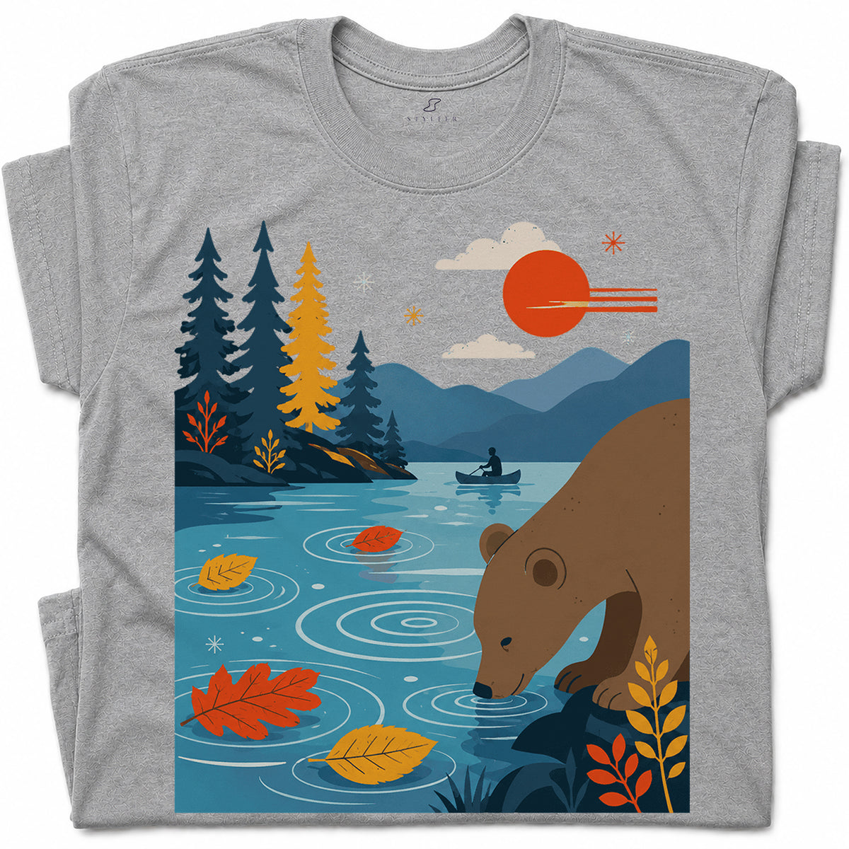 SF_COLOR=sport-grey; SF_ITEM=adult-t-shirt; SF_ROLE=gallery; Bear Drinking Lake Canoe T-Shirt Funny Wilderness Animal Tee - Sport Grey Adult T-Shirt product image