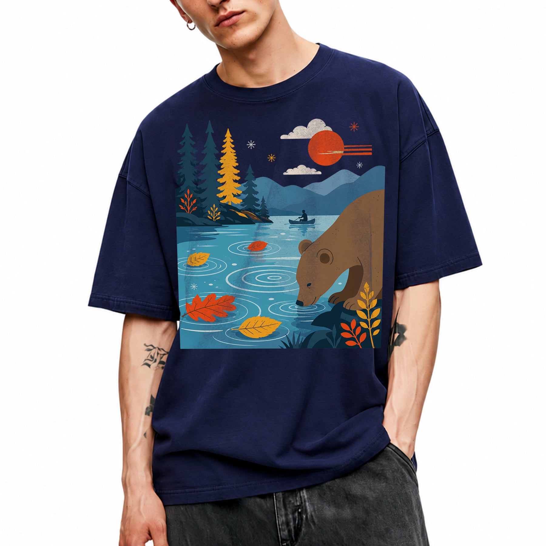 SF_COLOR=navy; SF_ITEM=adult-t-shirt; SF_ROLE=main; Bear Drinking Lake Canoe T-Shirt Funny Wilderness Animal Tee - Navy Adult T-Shirt product image