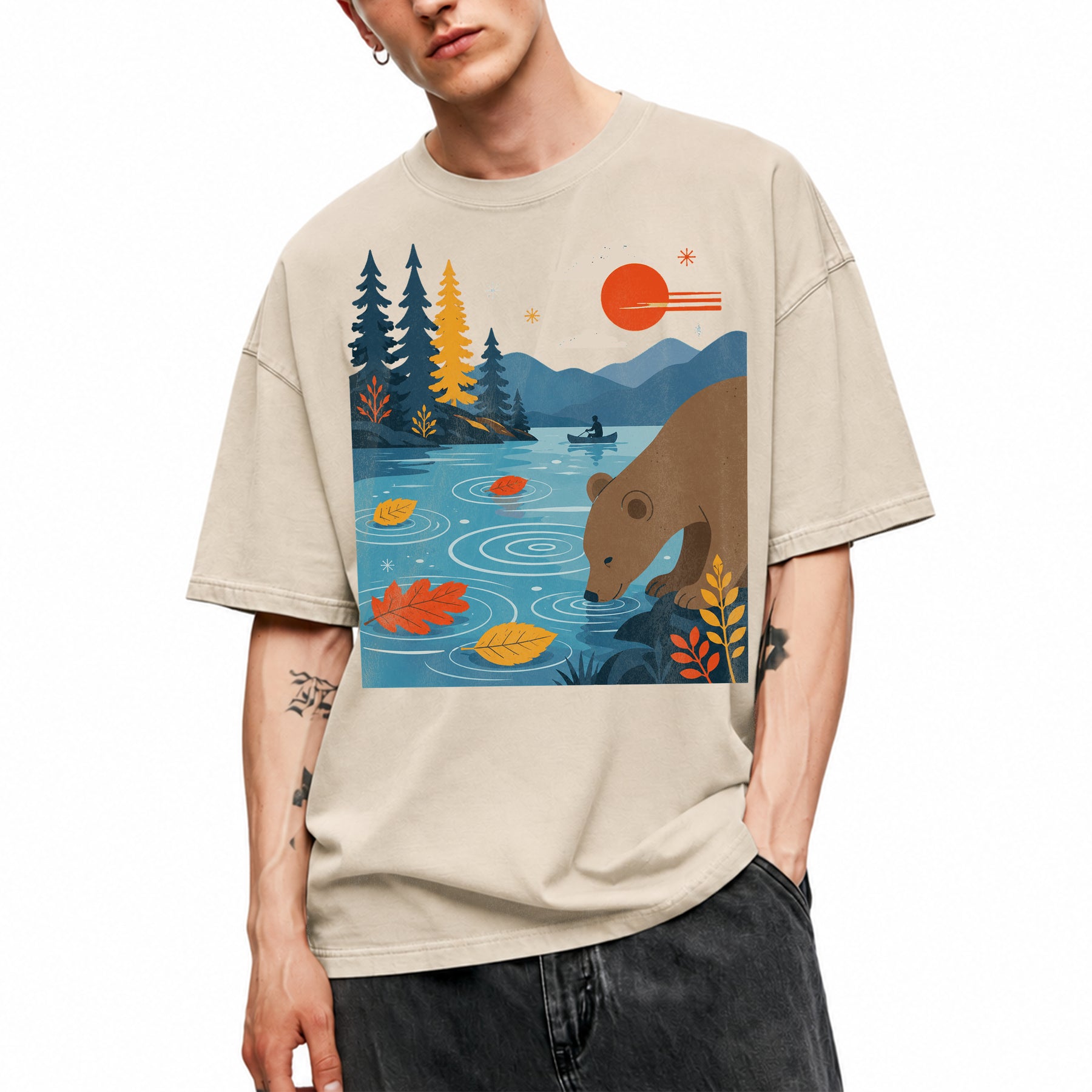 SF_COLOR=sand; SF_ITEM=adult-t-shirt; SF_ROLE=main; Bear Drinking Lake Canoe T-Shirt Funny Wilderness Animal Tee - Sand Adult T-Shirt product image