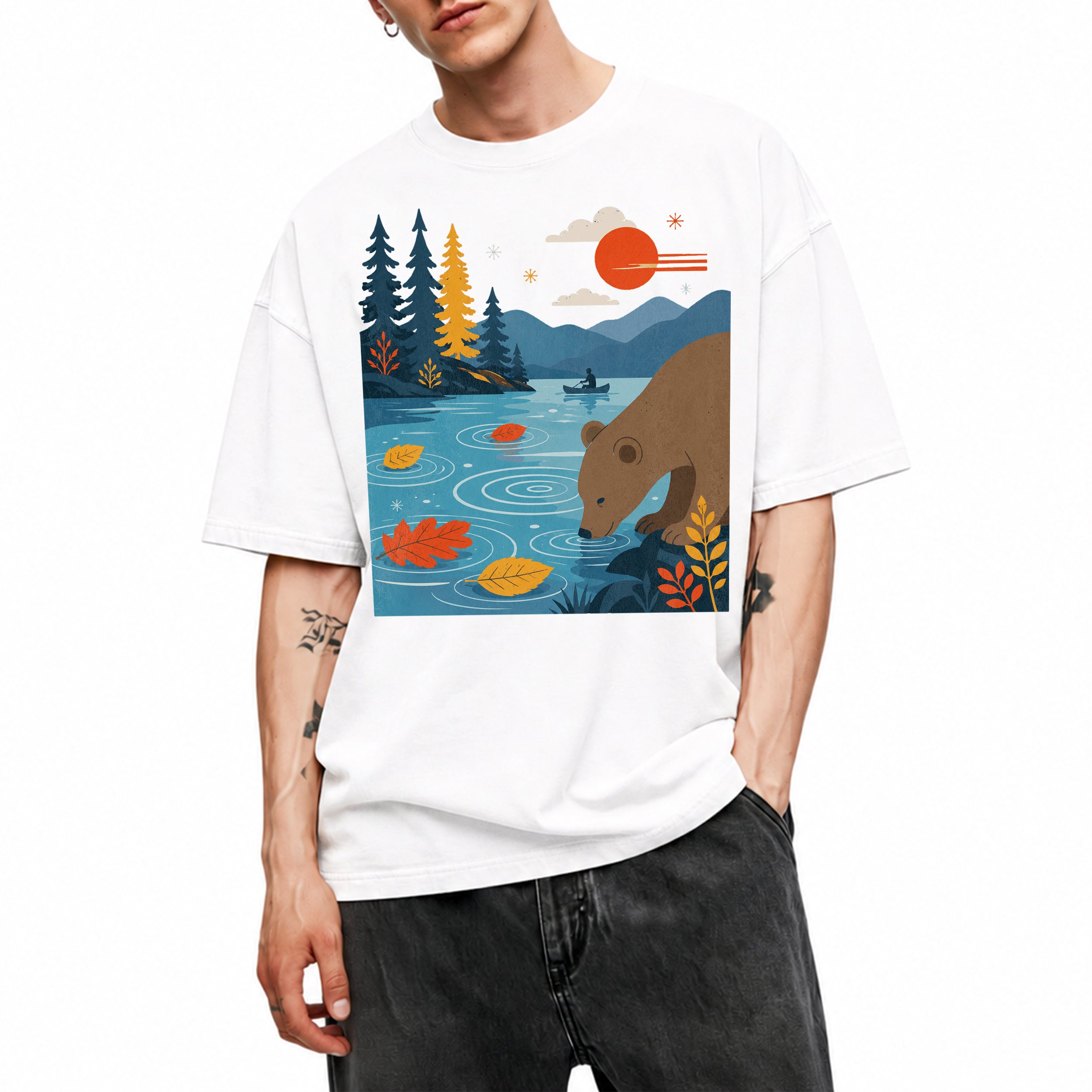 SF_COLOR=white; SF_ITEM=adult-t-shirt; SF_ROLE=main; Bear Drinking Lake Canoe T-Shirt Funny Wilderness Animal Tee - White Adult T-Shirt product image