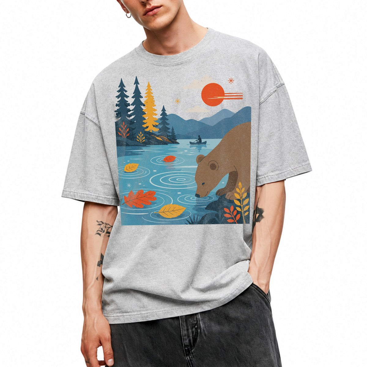 SF_COLOR=sport-grey; SF_ITEM=adult-t-shirt; SF_ROLE=main; Bear Drinking Lake Canoe T-Shirt Funny Wilderness Animal Tee - Sport Grey Adult T-Shirt product image