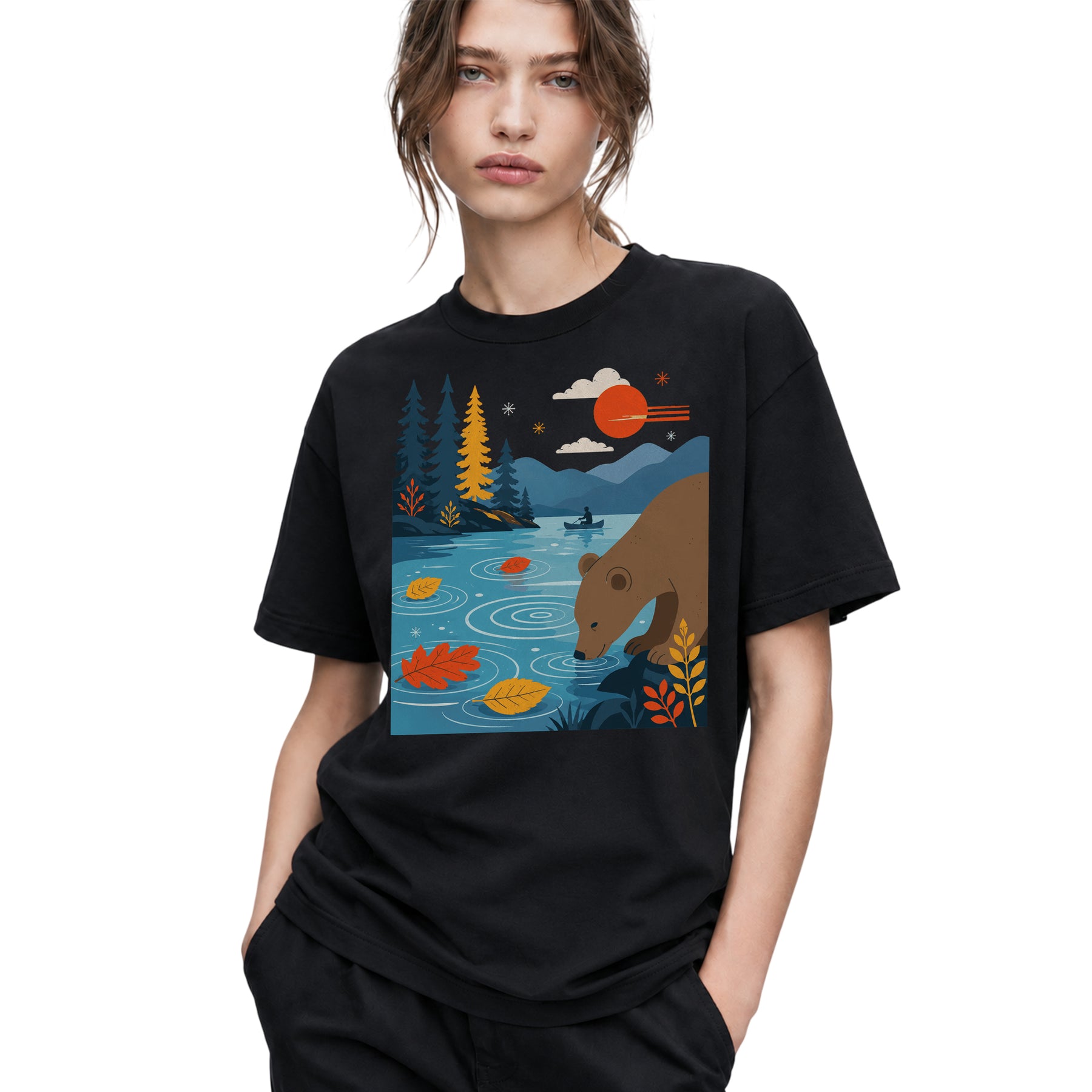 SF_COLOR=black; SF_ITEM=adult-t-shirt; SF_ROLE=gallery; Bear Drinking Lake Canoe T-Shirt Funny Wilderness Animal Tee - Black Adult T-Shirt product image