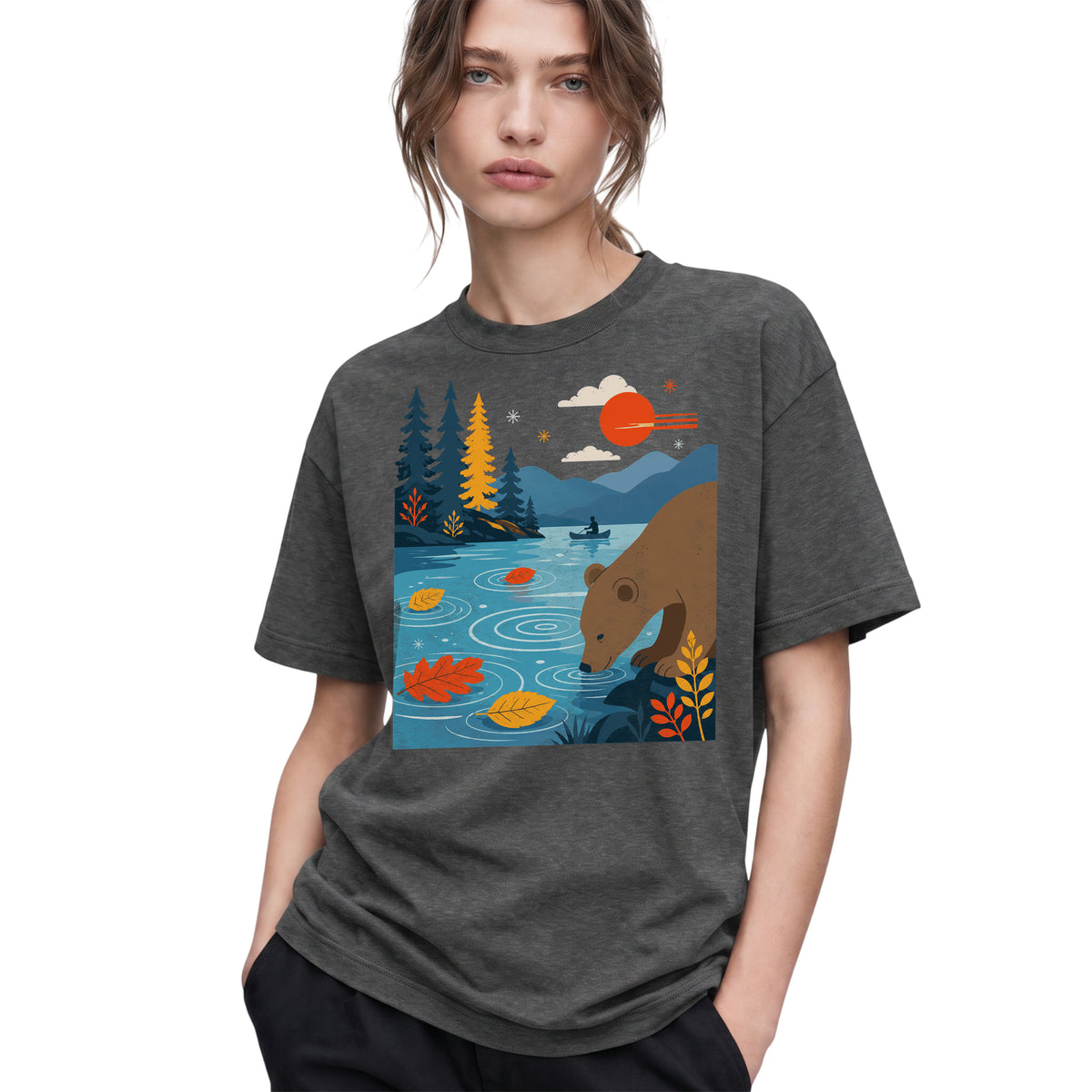 SF_COLOR=dark-heather; SF_ITEM=adult-t-shirt; SF_ROLE=gallery; Bear Drinking Lake Canoe T-Shirt Funny Wilderness Animal Tee - Dark Heather Adult T-Shirt product image