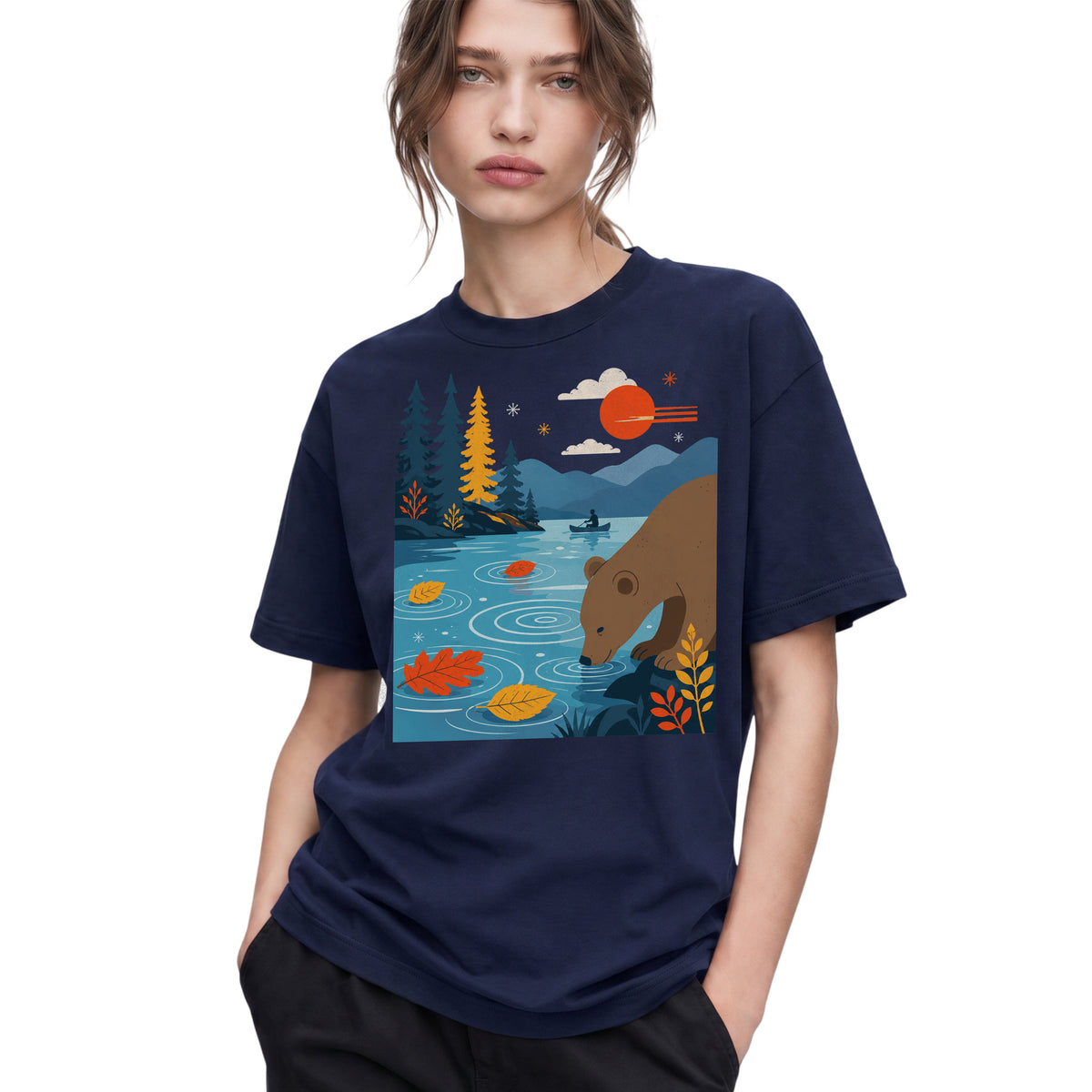 SF_COLOR=navy; SF_ITEM=adult-t-shirt; SF_ROLE=gallery; Bear Drinking Lake Canoe T-Shirt Funny Wilderness Animal Tee - Navy Adult T-Shirt product image