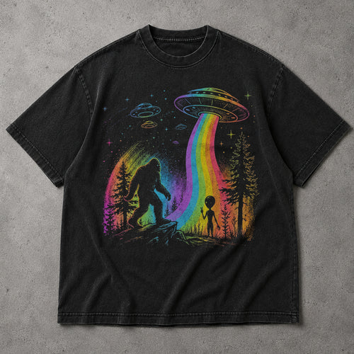 SF_COLOR=black; SF_ITEM=adult-t-shirt; SF_ROLE=main; Bigfoot Alien Peace Sign T-Shirt Rainbow UFO Abduction Sasquatch Tee - Black Adult T-Shirt product image