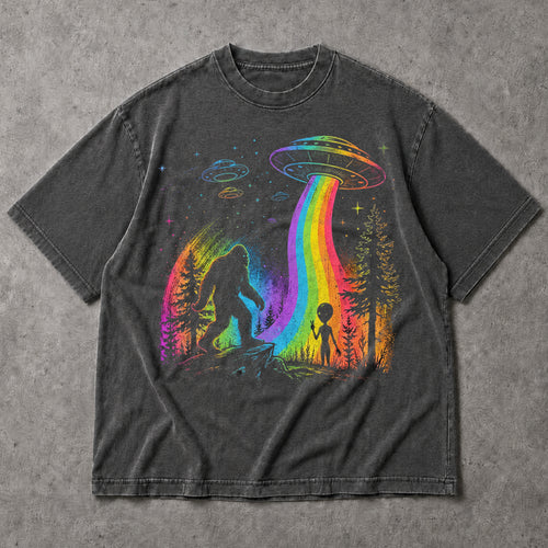 SF_COLOR=dark-heather; SF_ITEM=adult-t-shirt; SF_ROLE=main; Bigfoot Alien Peace Sign T-Shirt Rainbow UFO Abduction Sasquatch Tee - Dark Heather Adult T-Shirt product image