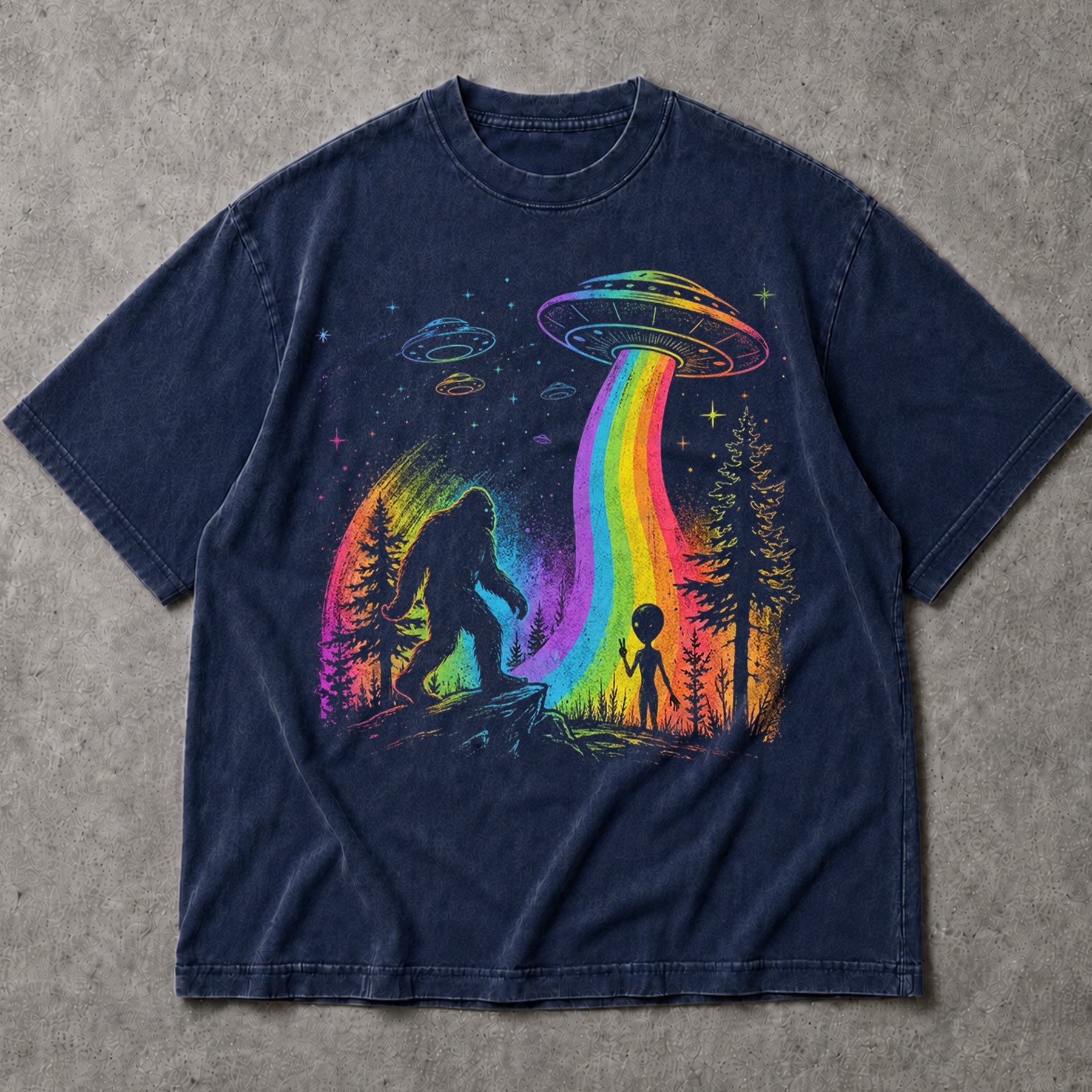 SF_COLOR=navy; SF_ITEM=adult-t-shirt; SF_ROLE=main; Bigfoot Alien Peace Sign T-Shirt Rainbow UFO Abduction Sasquatch Tee - Navy Adult T-Shirt product image
