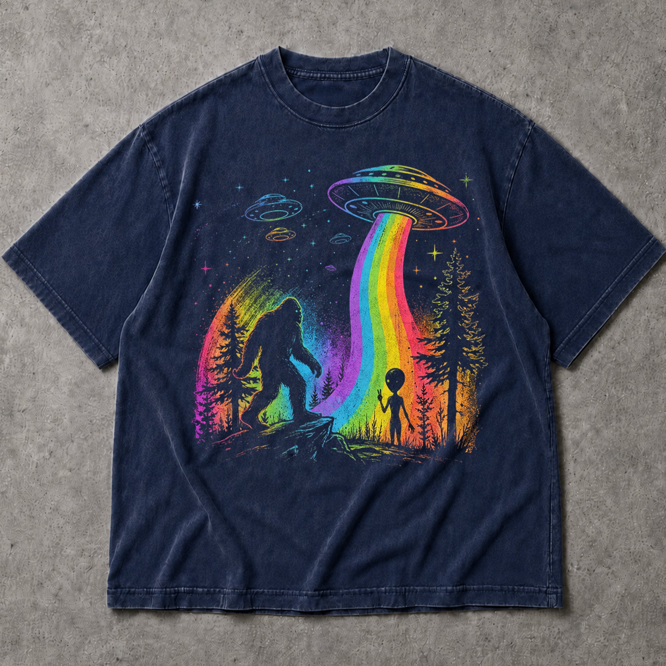SF_COLOR=navy; SF_ITEM=adult-t-shirt; SF_ROLE=main; Bigfoot Alien Peace Sign T-Shirt Rainbow UFO Abduction Sasquatch Tee - Navy Adult T-Shirt product image