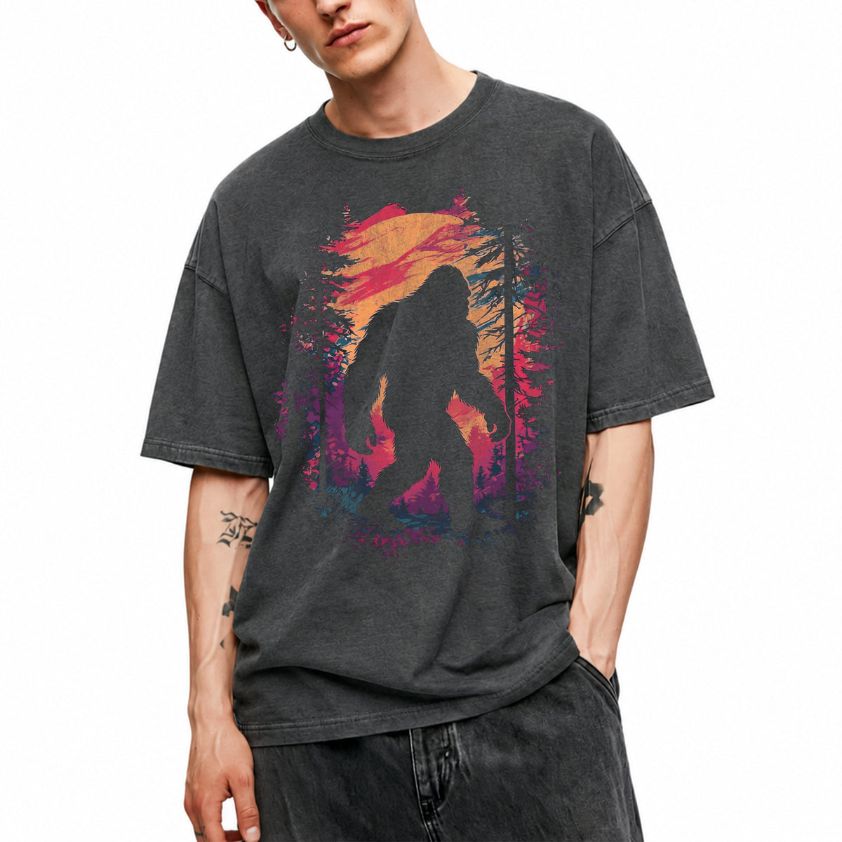 SF_COLOR=dark-heather; SF_ITEM=adult-t-shirt; SF_ROLE=main; Bigfoot Sasquatch Forest Sunset Silhouette T-Shirt Cryptid Nature Hiking Tee - Dark Heather Adult T-Shirt product image