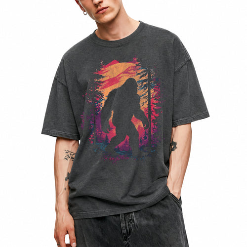 SF_COLOR=dark-heather; SF_ITEM=adult-t-shirt; SF_ROLE=main; Bigfoot Sasquatch Forest Sunset Silhouette T-Shirt Cryptid Nature Hiking Tee - Dark Heather Adult T-Shirt product image