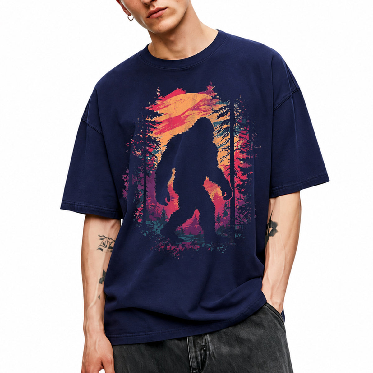 SF_COLOR=navy; SF_ITEM=adult-t-shirt; SF_ROLE=main; Bigfoot Sasquatch Forest Sunset Silhouette T-Shirt Cryptid Nature Hiking Tee - Navy Adult T-Shirt product image