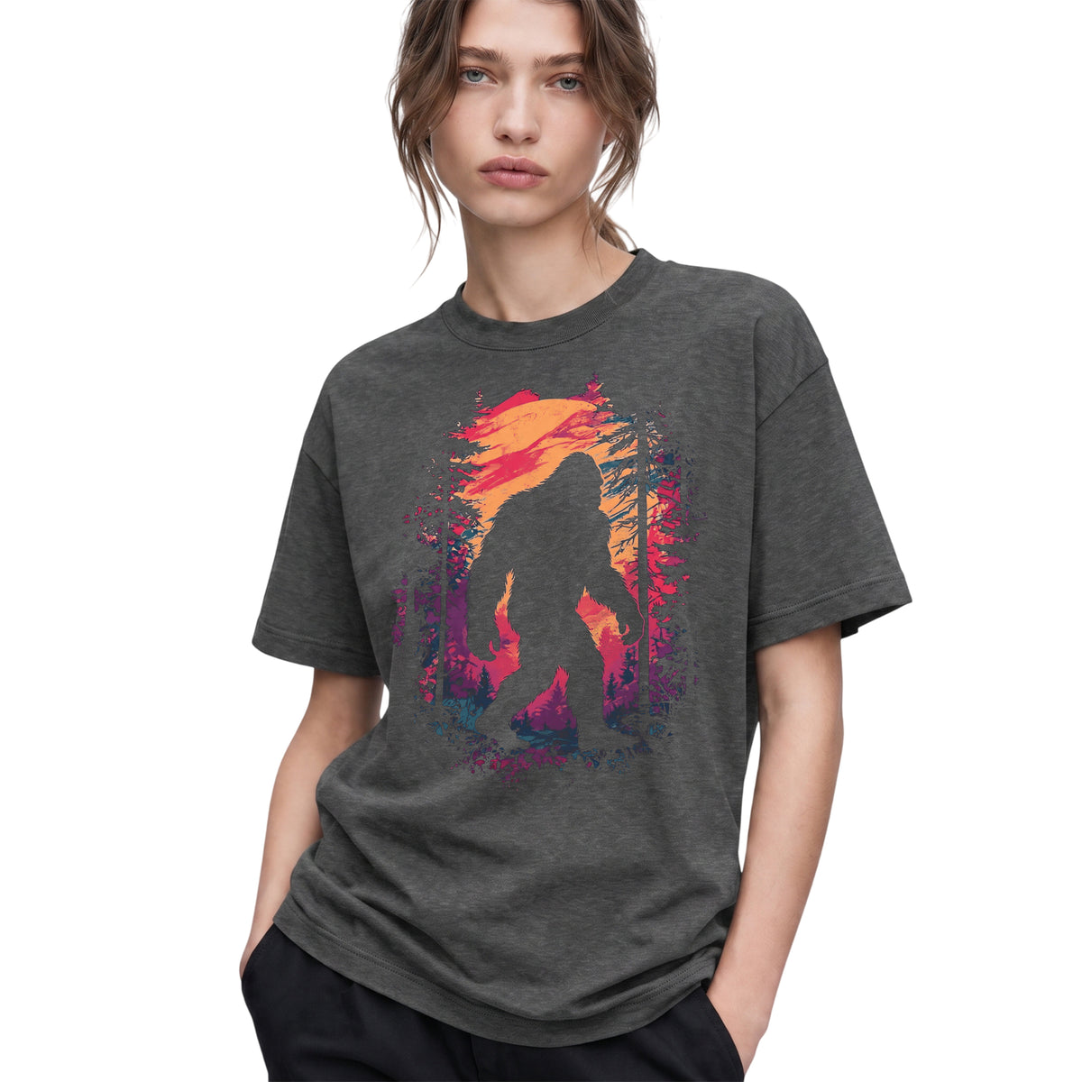 SF_COLOR=dark-heather; SF_ITEM=adult-t-shirt; SF_ROLE=gallery; Bigfoot Sasquatch Forest Sunset Silhouette T-Shirt Cryptid Nature Hiking Tee - Dark Heather Adult T-Shirt product image