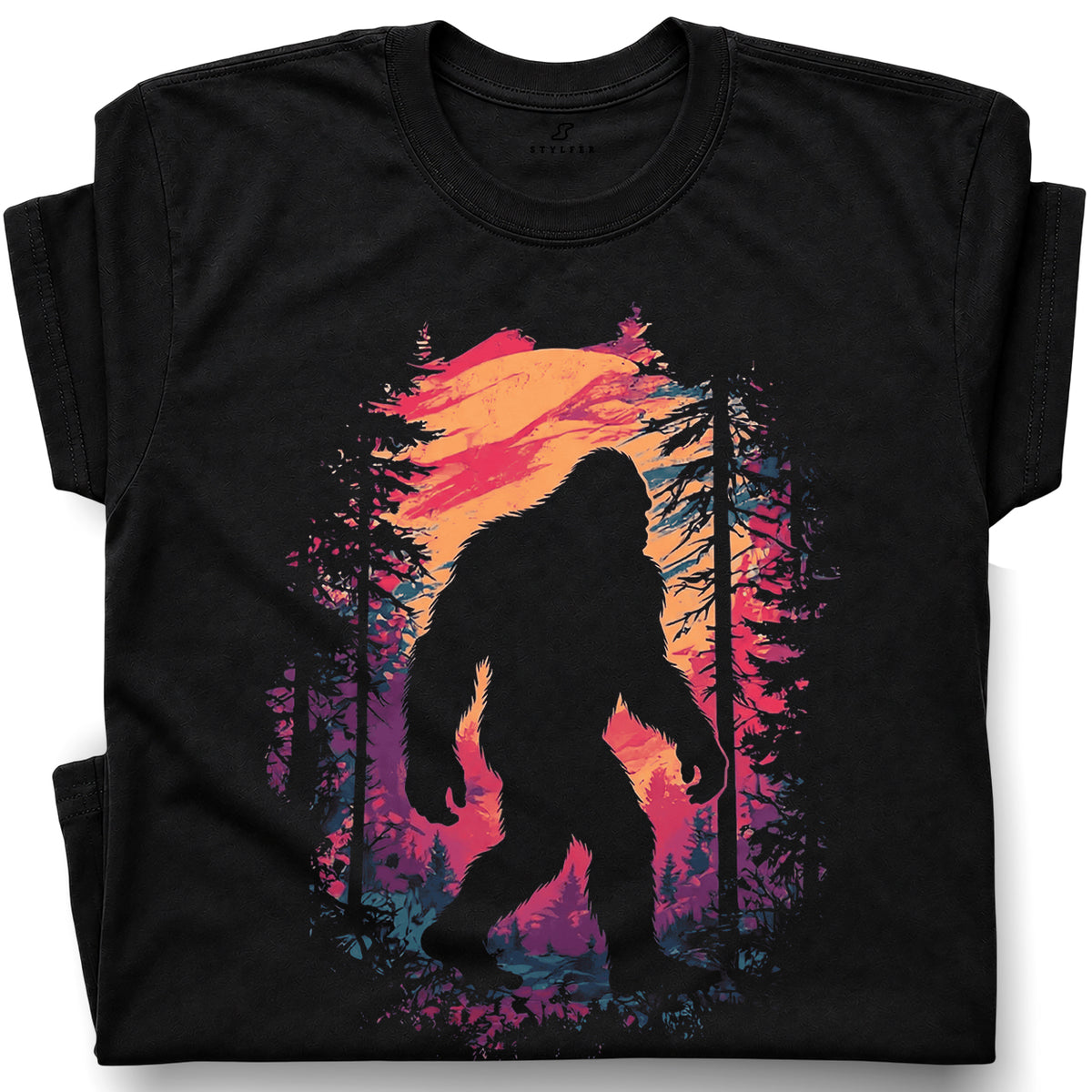 SF_COLOR=black; SF_ITEM=adult-t-shirt; SF_ROLE=gallery; Bigfoot Sasquatch Forest Sunset Silhouette T-Shirt Cryptid Nature Hiking Tee - Black Adult T-Shirt product image