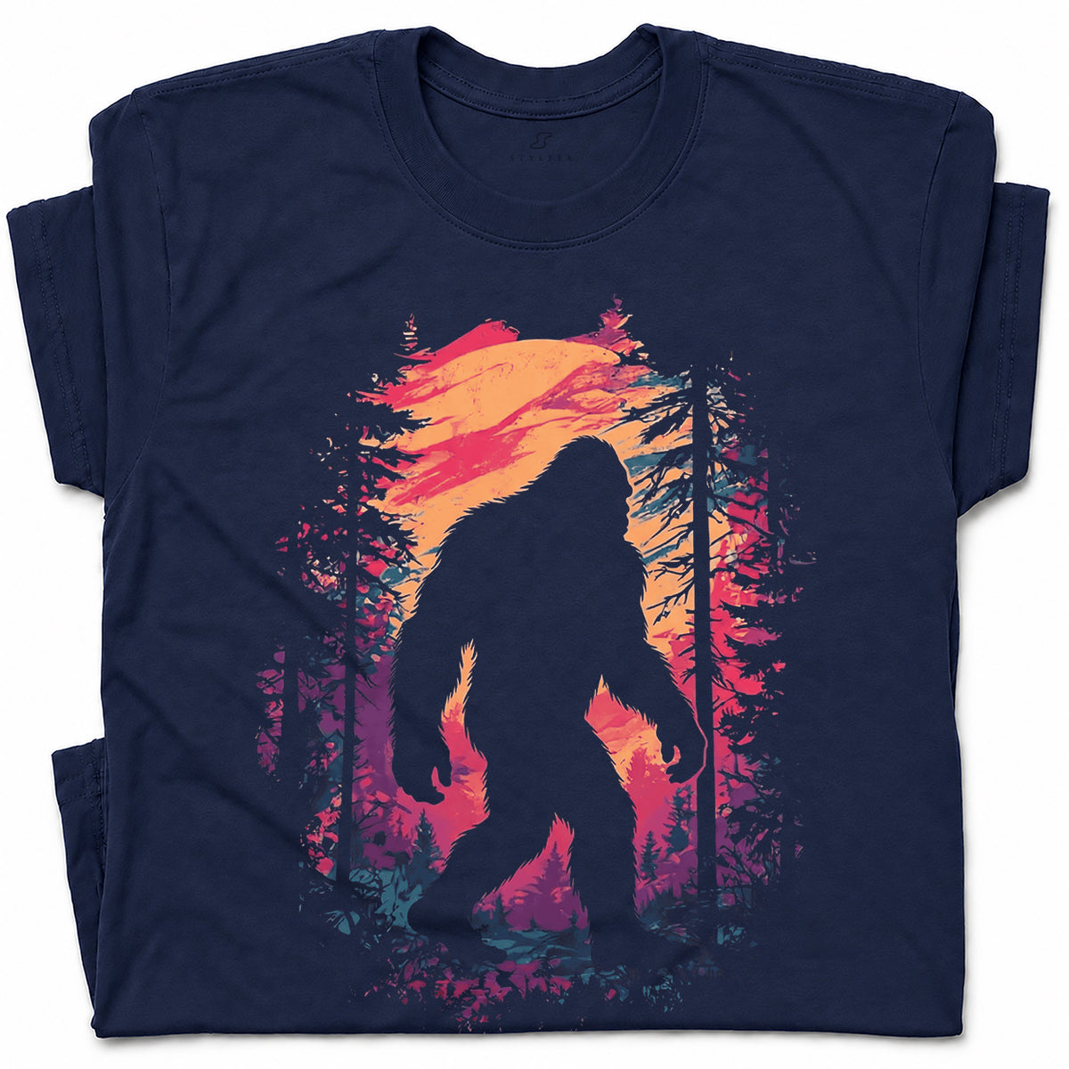 SF_COLOR=navy; SF_ITEM=adult-t-shirt; SF_ROLE=gallery; Bigfoot Sasquatch Forest Sunset Silhouette T-Shirt Cryptid Nature Hiking Tee - Navy Adult T-Shirt product image