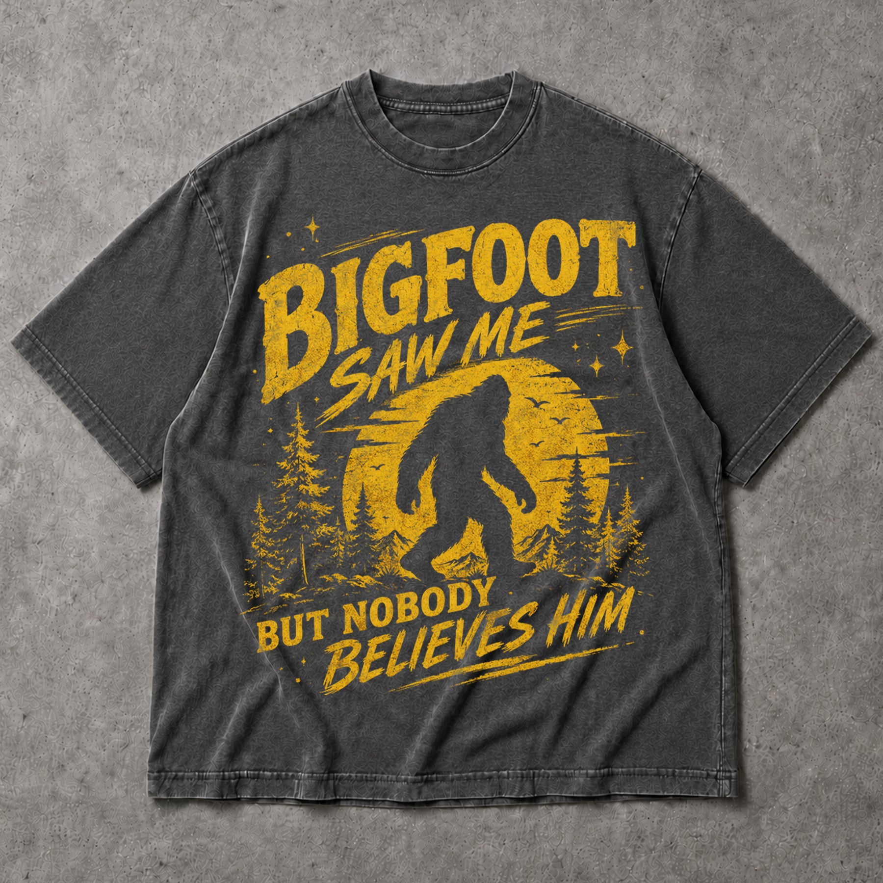 SF_COLOR=dark-heather; SF_ITEM=adult-t-shirt; SF_ROLE=main; Bigfoot Saw Me But Nobody Believes Him T-Shirt Funny Sasquatch Nature Tee - Dark Heather Adult T-Shirt product image