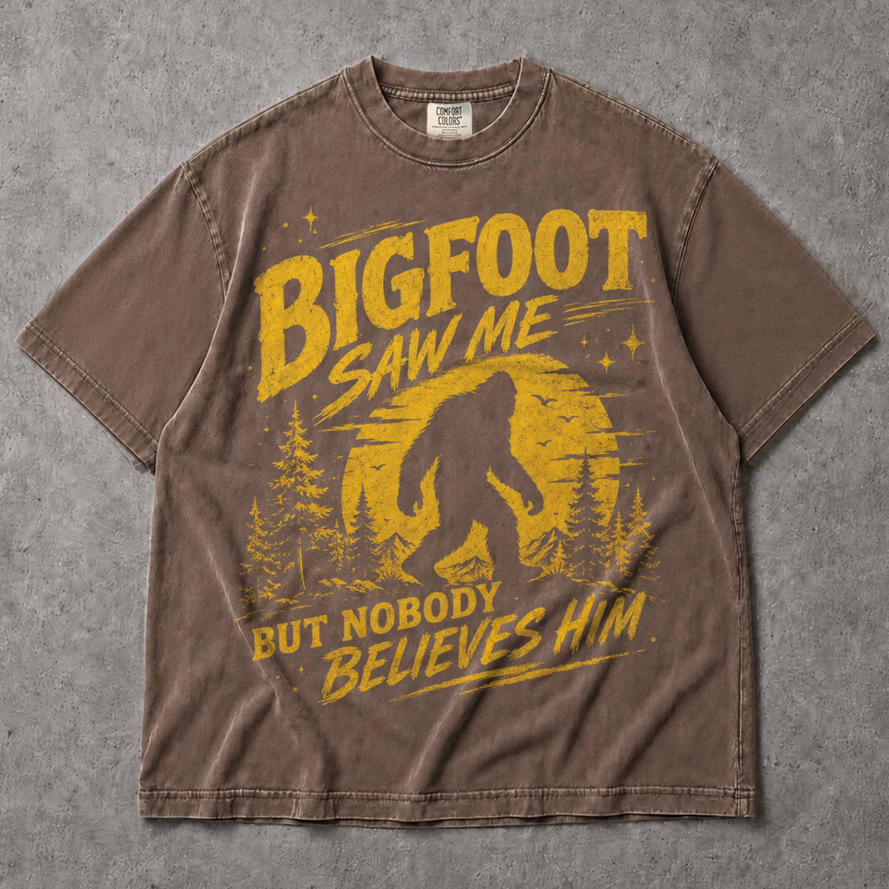 SF_COLOR=sport-grey|espresso; SF_ITEM=adult-t-shirt; SF_ROLE=main; Bigfoot Saw Me But Nobody Believes Him T-Shirt Funny Sasquatch Nature Tee - Sport Grey, Espresso Adult T-Shirt product image