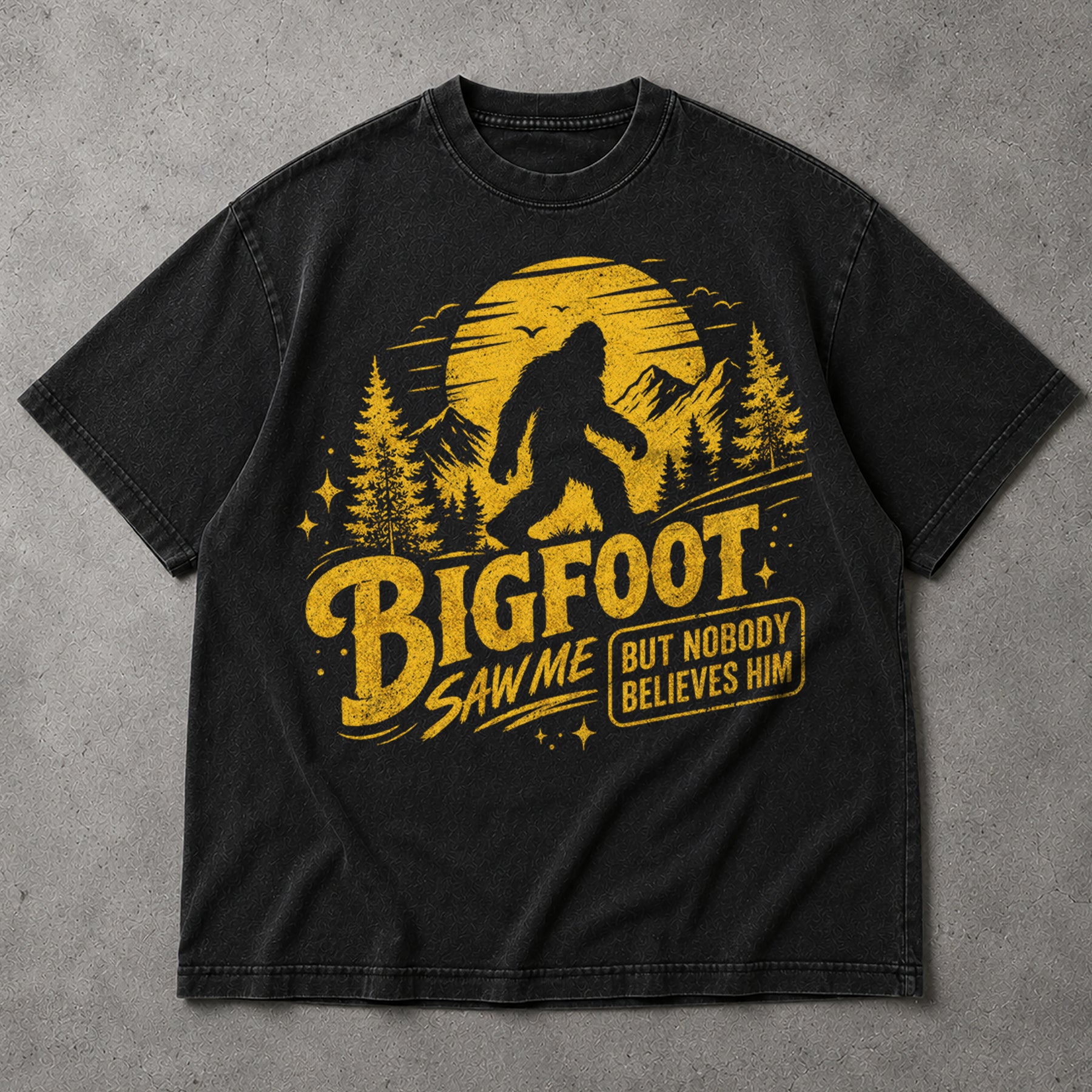 SF_COLOR=black; SF_ITEM=adult-t-shirt; SF_ROLE=main; Bigfoot Saw Me But Nobody Believes Him T-Shirt Sasquatch Nature Silhouette Tee - Black Adult T-Shirt product image