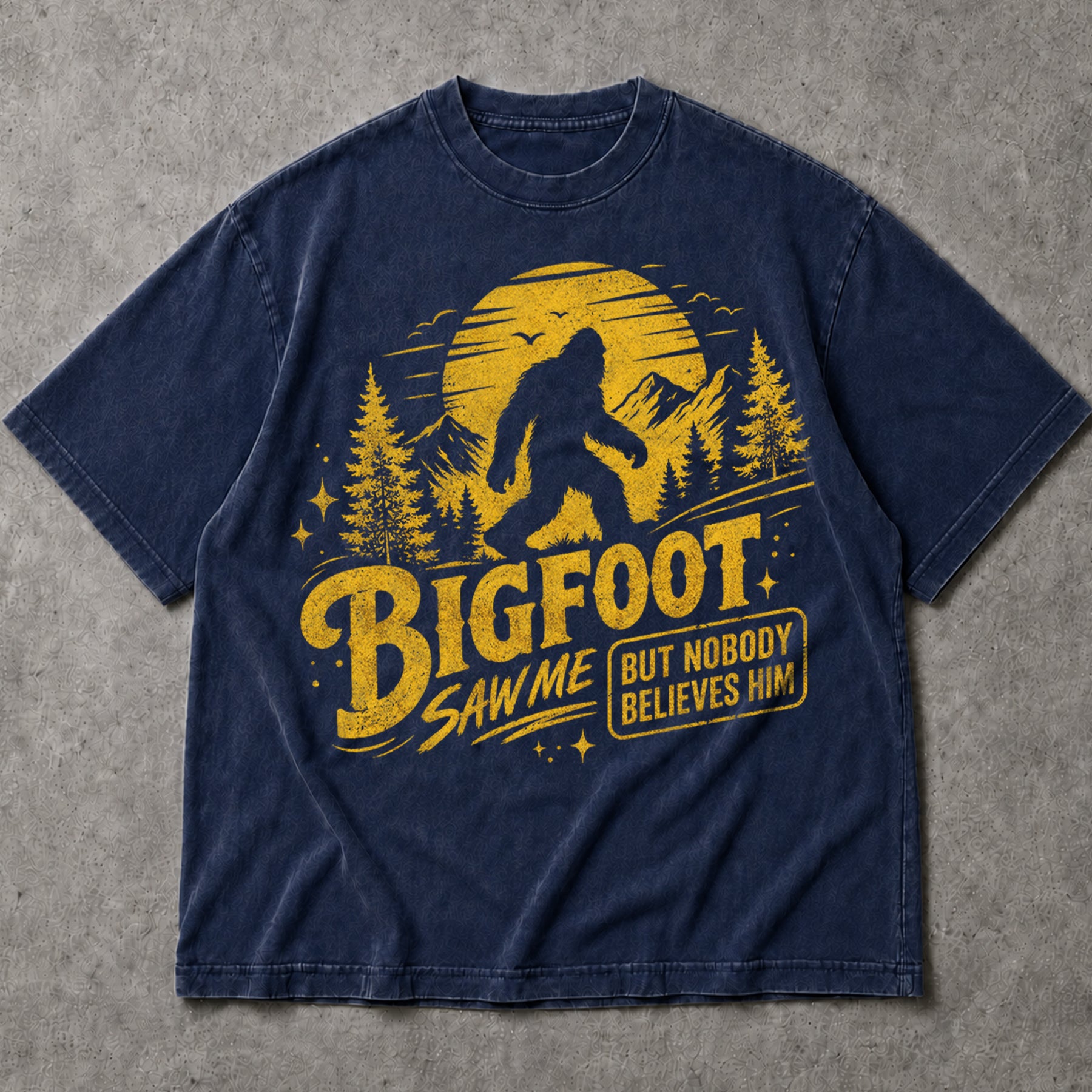 SF_COLOR=navy; SF_ITEM=adult-t-shirt; SF_ROLE=main; Bigfoot Saw Me But Nobody Believes Him T-Shirt Sasquatch Nature Silhouette Tee - Navy Adult T-Shirt product image