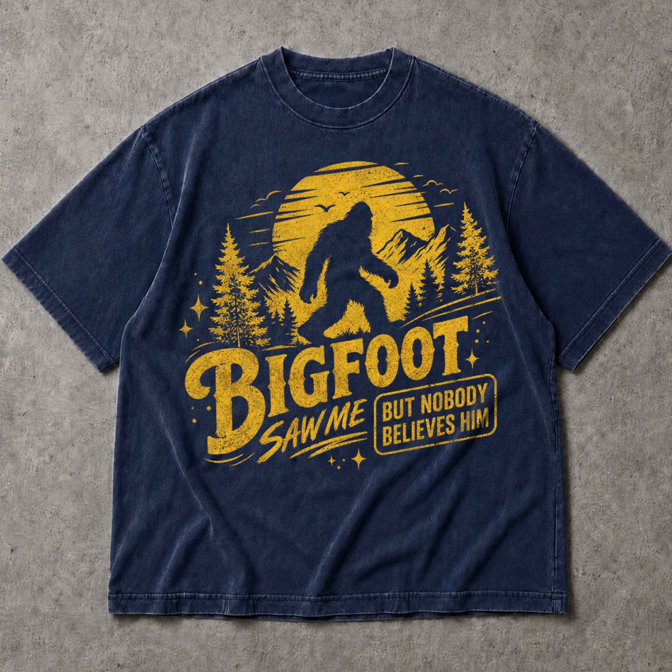 SF_COLOR=navy; SF_ITEM=adult-t-shirt; SF_ROLE=main; Bigfoot Saw Me But Nobody Believes Him T-Shirt Sasquatch Nature Silhouette Tee - Navy Adult T-Shirt product image