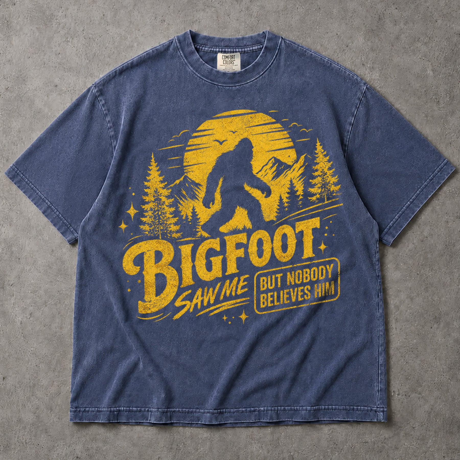 SF_COLOR=sport-grey|denim; SF_ITEM=adult-t-shirt; SF_ROLE=main; Bigfoot Saw Me But Nobody Believes Him T-Shirt Sasquatch Nature Silhouette Tee - Sport Grey, Denim Adult T-Shirt product image