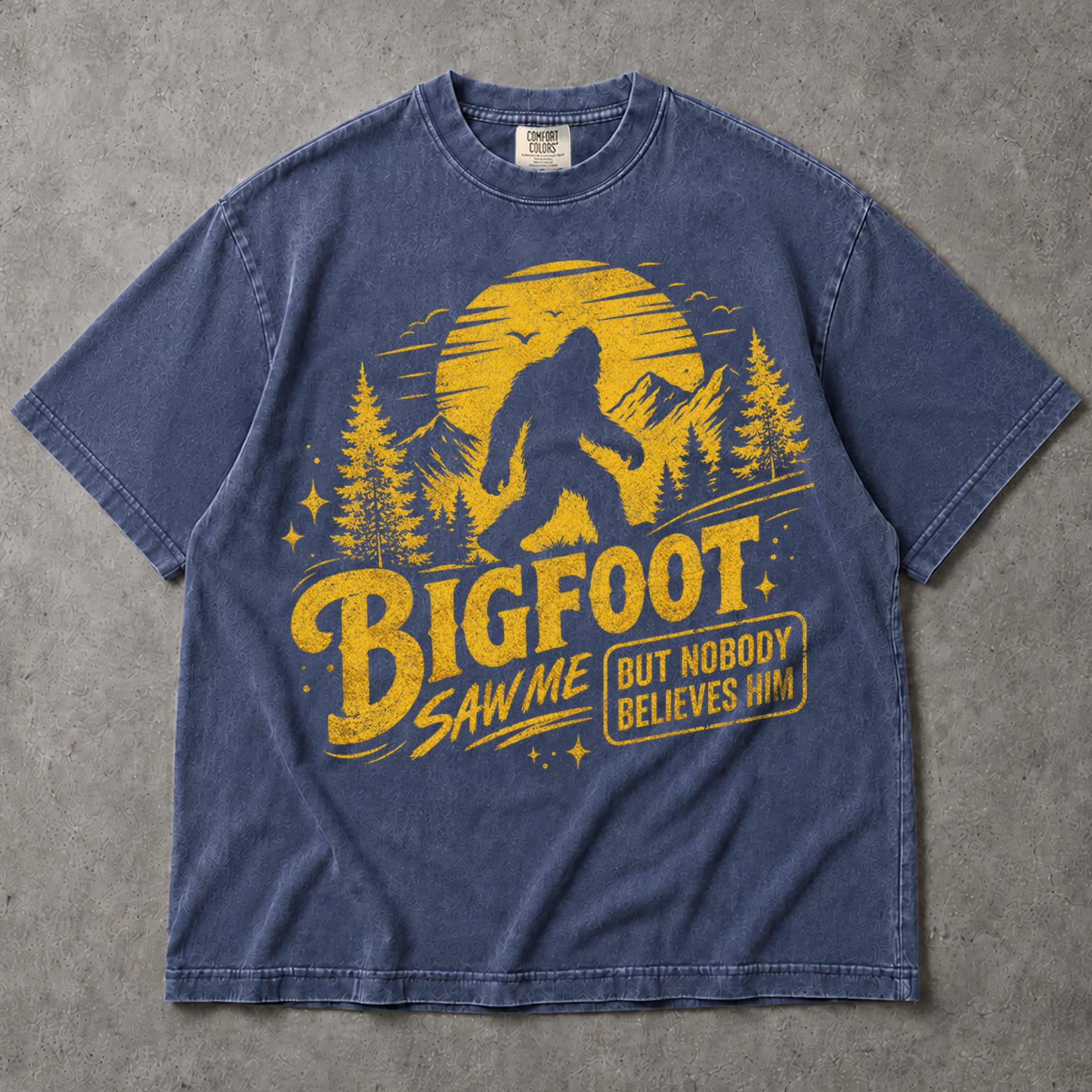 SF_COLOR=sport-grey|denim; SF_ITEM=adult-t-shirt; SF_ROLE=main; Bigfoot Saw Me But Nobody Believes Him T-Shirt Sasquatch Nature Silhouette Tee - Sport Grey, Denim Adult T-Shirt product image