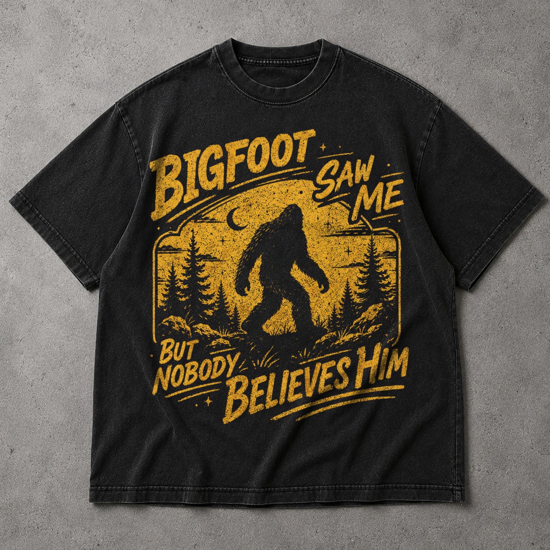 SF_COLOR=black; SF_ITEM=adult-t-shirt; SF_ROLE=main; Bigfoot Saw Me But Nobody Believes Him T-Shirt Vintage Sasquatch Forest Tee - Black Adult T-Shirt product image