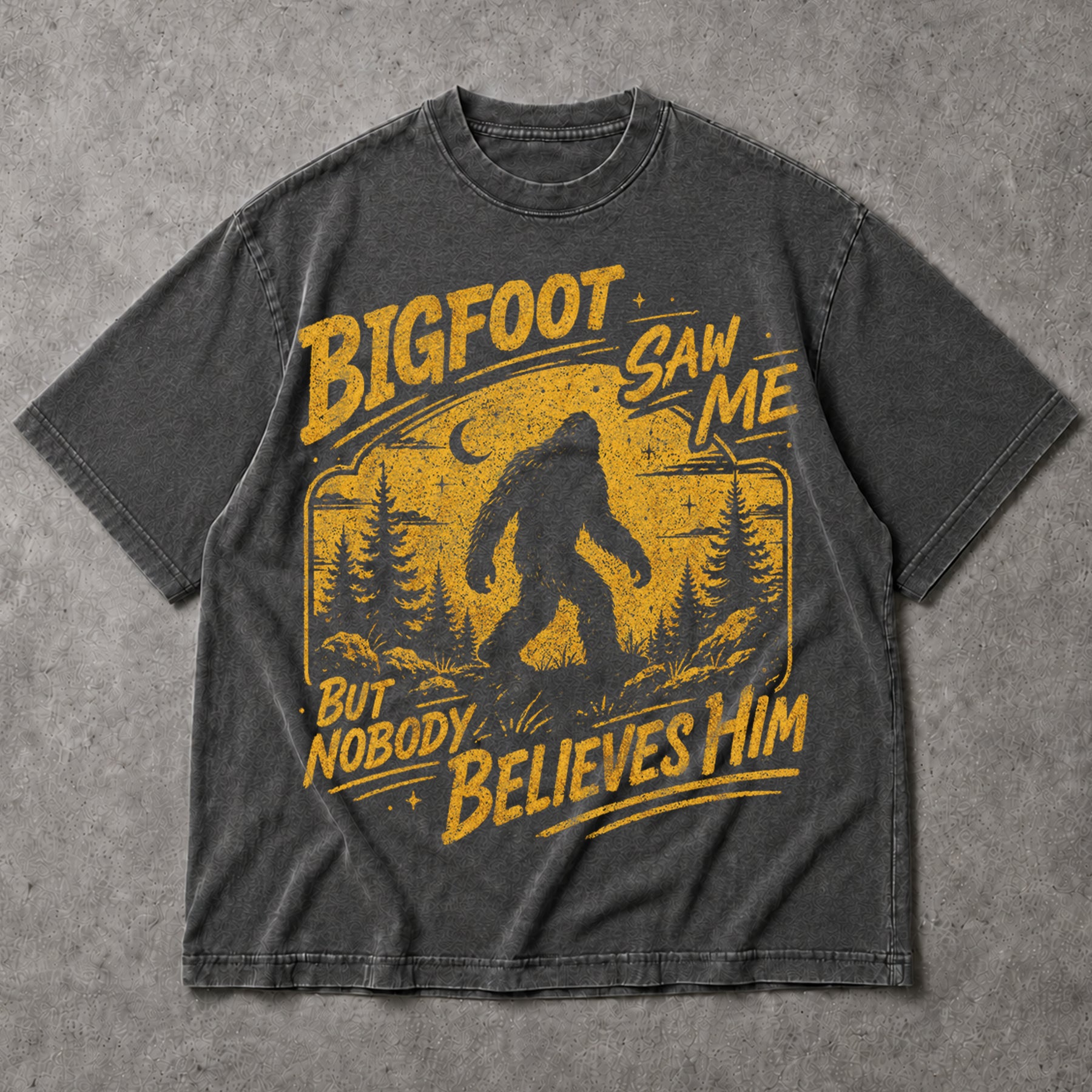 SF_COLOR=dark-heather; SF_ITEM=adult-t-shirt; SF_ROLE=main; Bigfoot Saw Me But Nobody Believes Him T-Shirt Vintage Sasquatch Forest Tee - Dark Heather Adult T-Shirt product image