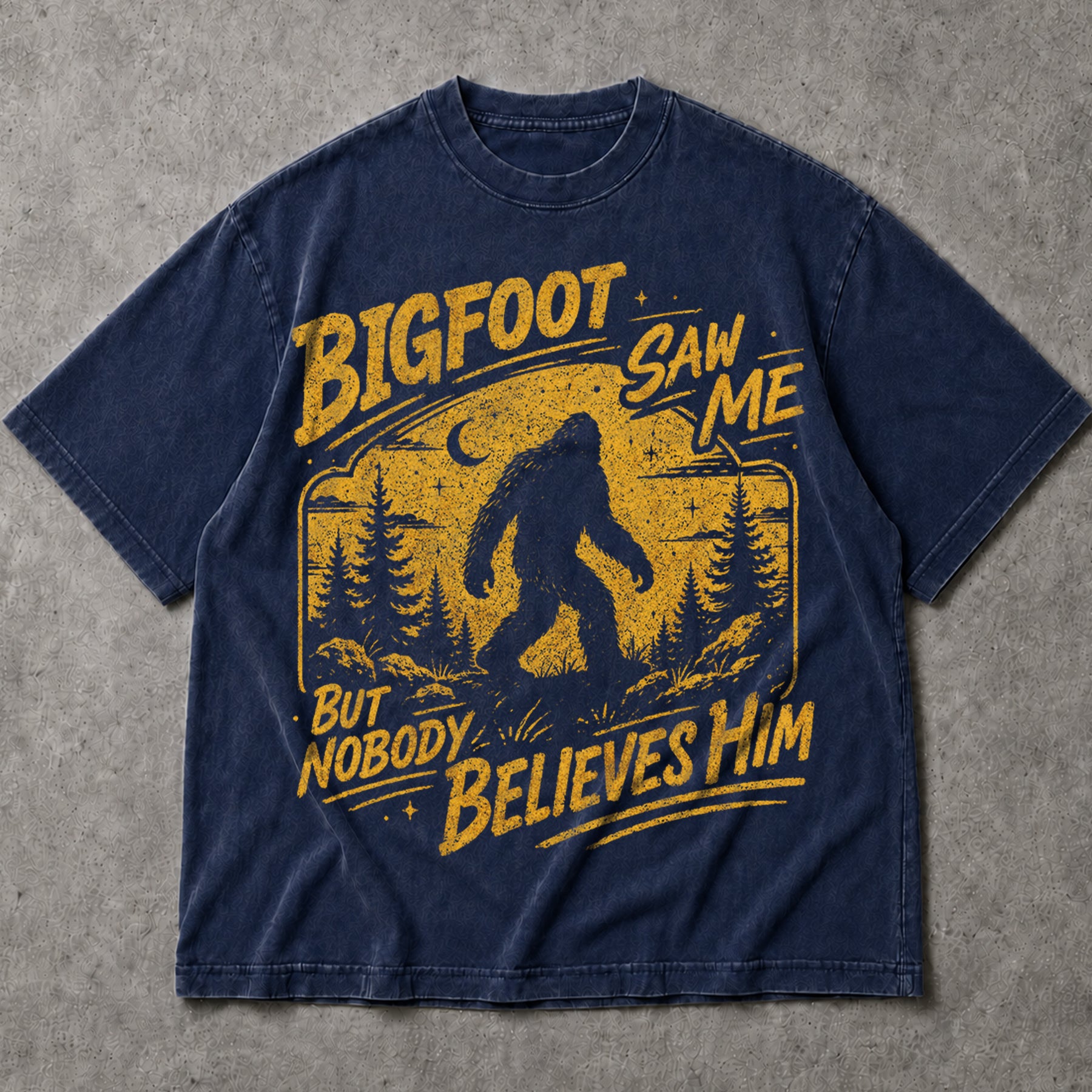 SF_COLOR=navy; SF_ITEM=adult-t-shirt; SF_ROLE=main; Bigfoot Saw Me But Nobody Believes Him T-Shirt Vintage Sasquatch Forest Tee - Navy Adult T-Shirt product image