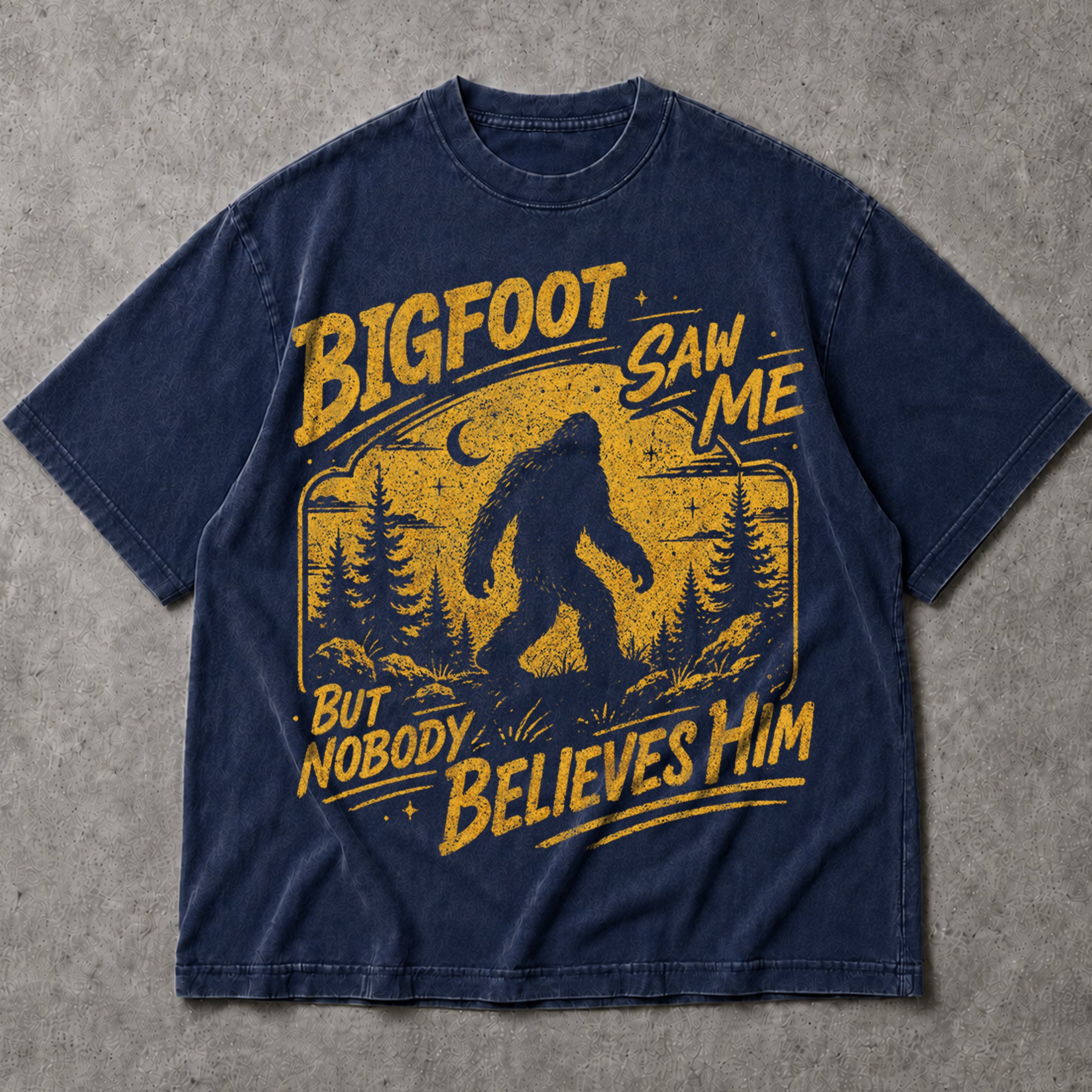 SF_COLOR=navy; SF_ITEM=adult-t-shirt; SF_ROLE=main; Bigfoot Saw Me But Nobody Believes Him T-Shirt Vintage Sasquatch Forest Tee - Navy Adult T-Shirt product image
