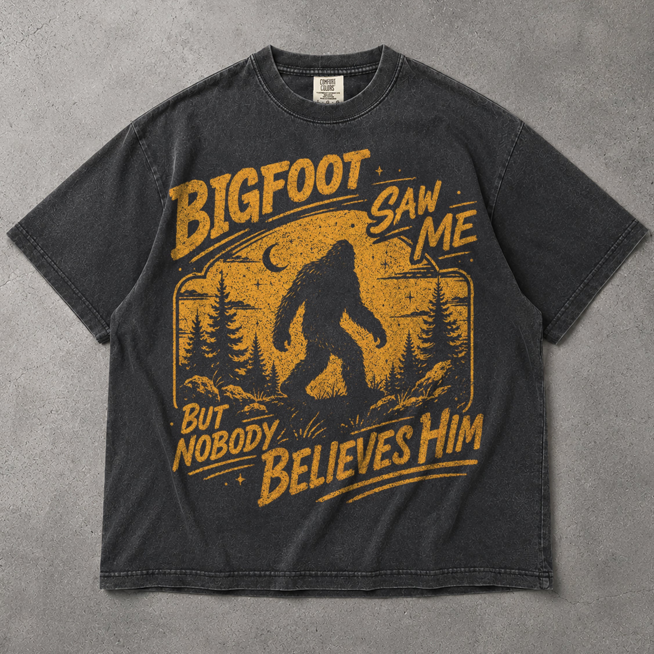 SF_COLOR=graphite; SF_ITEM=adult-t-shirt; SF_ROLE=main; Bigfoot Saw Me But Nobody Believes Him T-Shirt Vintage Sasquatch Forest Tee - Graphite Adult T-Shirt product image