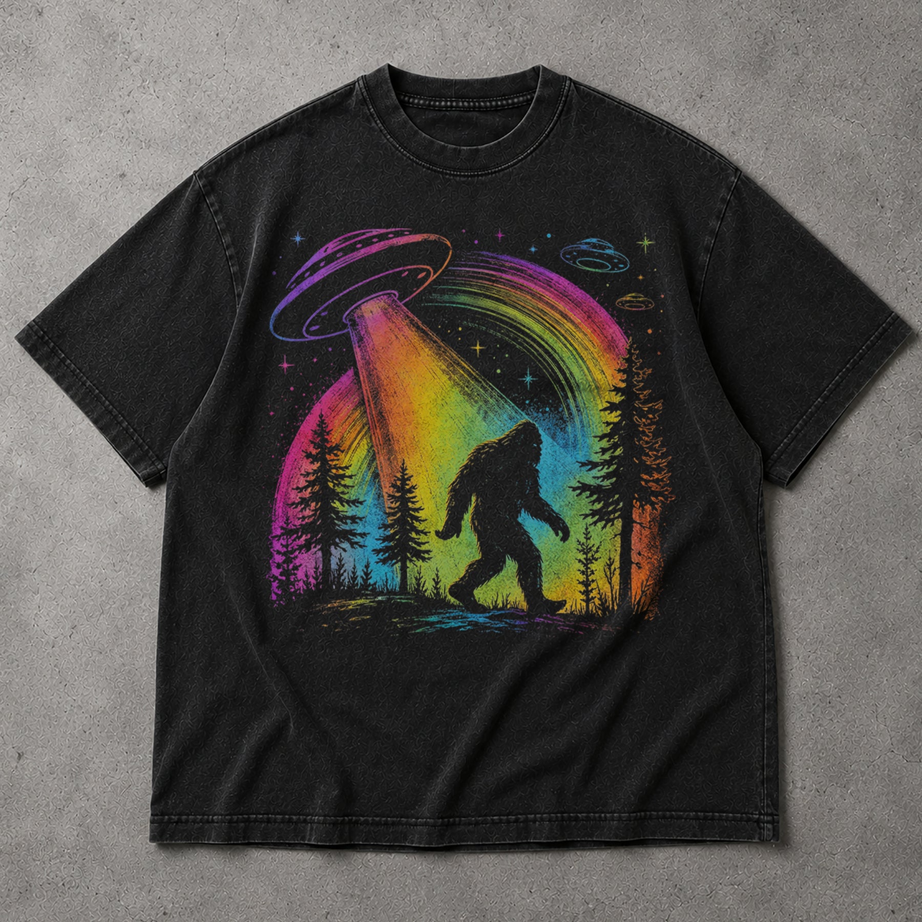 SF_COLOR=black; SF_ITEM=adult-t-shirt; SF_ROLE=main; Bigfoot UFO Abduction T-Shirt Rainbow Tractor Beam Sasquatch Sci Fi Tee - Black Adult T-Shirt product image