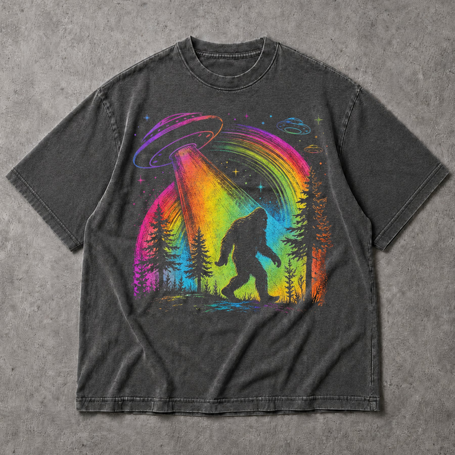 SF_COLOR=dark-heather; SF_ITEM=adult-t-shirt; SF_ROLE=main; Bigfoot UFO Abduction T-Shirt Rainbow Tractor Beam Sasquatch Sci Fi Tee - Dark Heather Adult T-Shirt product image