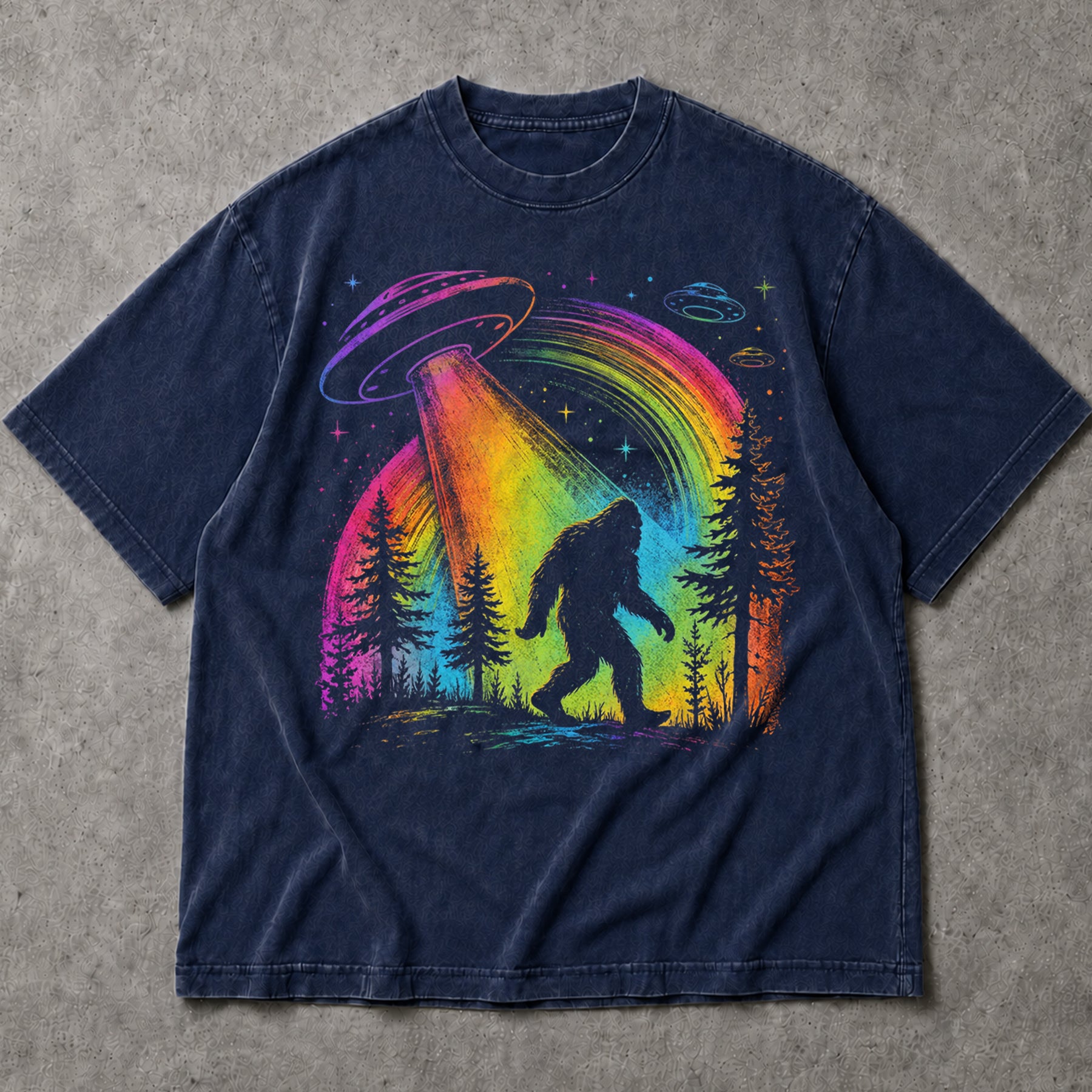 SF_COLOR=navy; SF_ITEM=adult-t-shirt; SF_ROLE=main; Bigfoot UFO Abduction T-Shirt Rainbow Tractor Beam Sasquatch Sci Fi Tee - Navy Adult T-Shirt product image