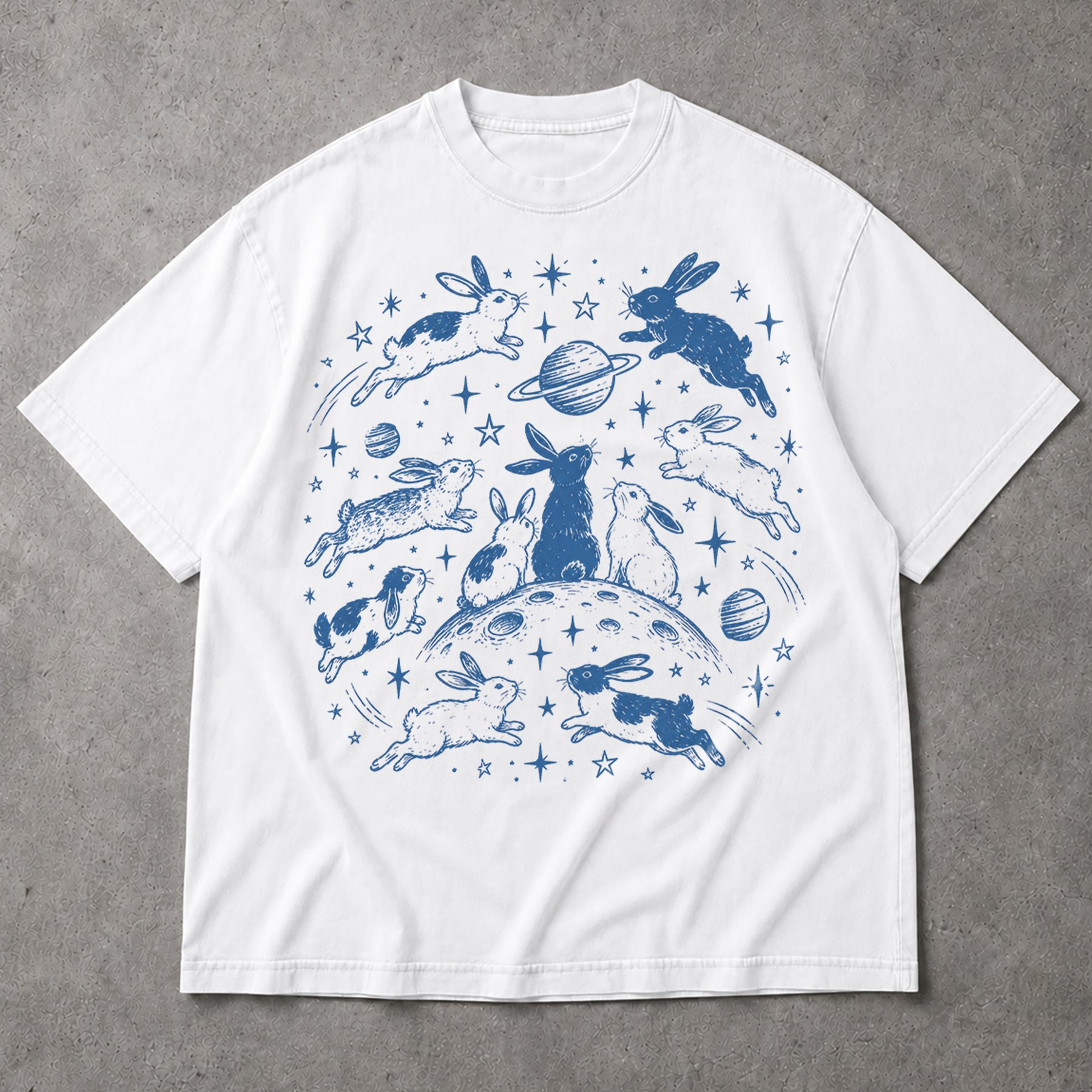 SF_COLOR=white; SF_ITEM=adult-t-shirt; SF_ROLE=main; Blue Celestial Space Bunnies T-Shirt Moon Stars Planets Animal Apparel - White Adult T-Shirt product image