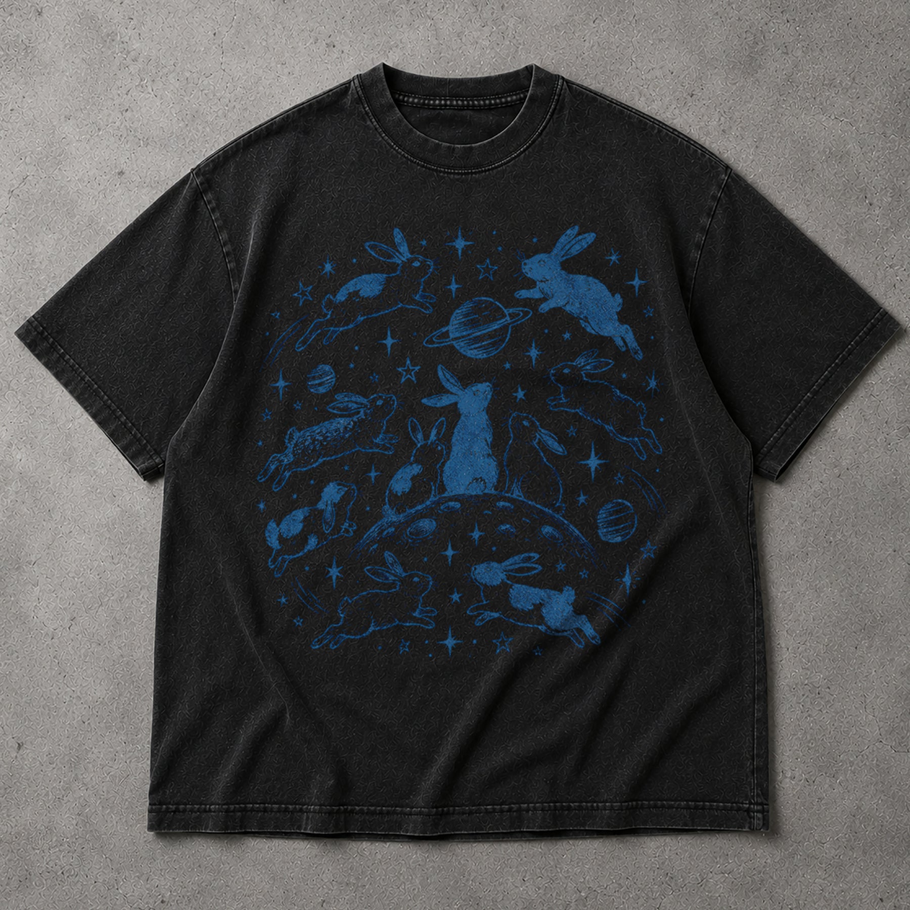 SF_COLOR=black; SF_ITEM=adult-t-shirt; SF_ROLE=main; Blue Celestial Space Bunnies T-Shirt Moon Stars Planets Animal Apparel - Black Adult T-Shirt product image