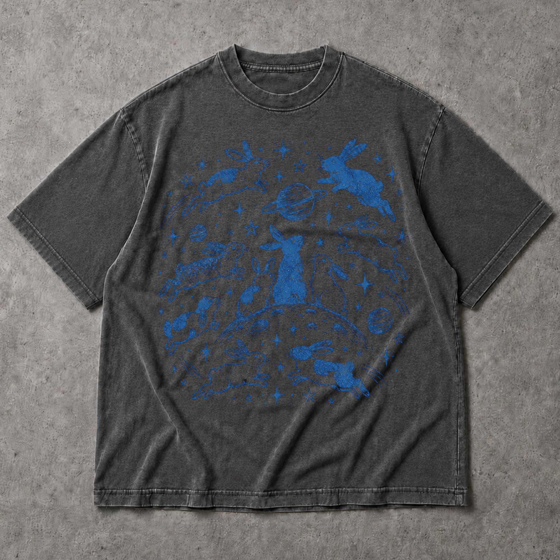 SF_COLOR=dark-heather; SF_ITEM=adult-t-shirt; SF_ROLE=main; Blue Celestial Space Bunnies T-Shirt Moon Stars Planets Animal Apparel - Dark Heather Adult T-Shirt product image