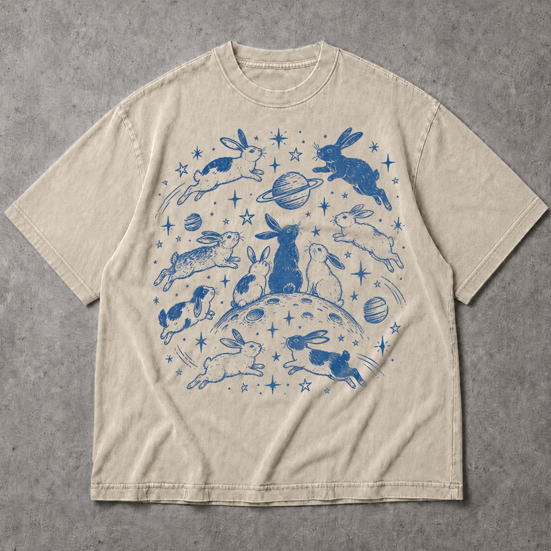 SF_COLOR=sand; SF_ITEM=adult-t-shirt; SF_ROLE=main; Blue Celestial Space Bunnies T-Shirt Moon Stars Planets Animal Apparel - Sand Adult T-Shirt product image